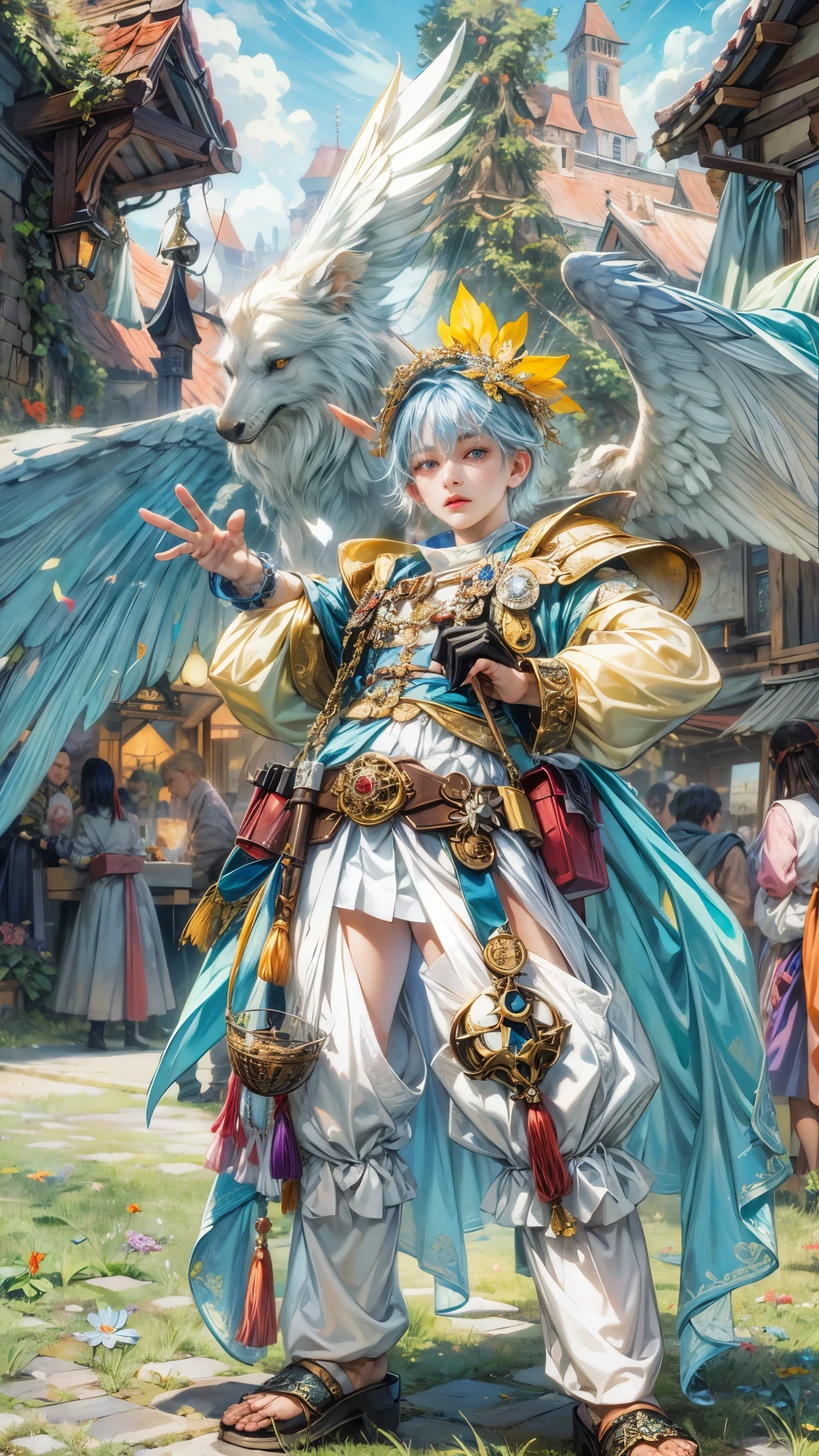 (absurdres, highres, ultra detailed, HDR), masterpiece, best quality, legend of mana character, winged guy villain, white outfit, blue hair, yellow eyes, short hair, detailed face, handsome face, anime eyes, at the town market in domina , weapon market, magic tools market, aesthetic scenery, detailed character, detailed outdoor scenery, art kenouji