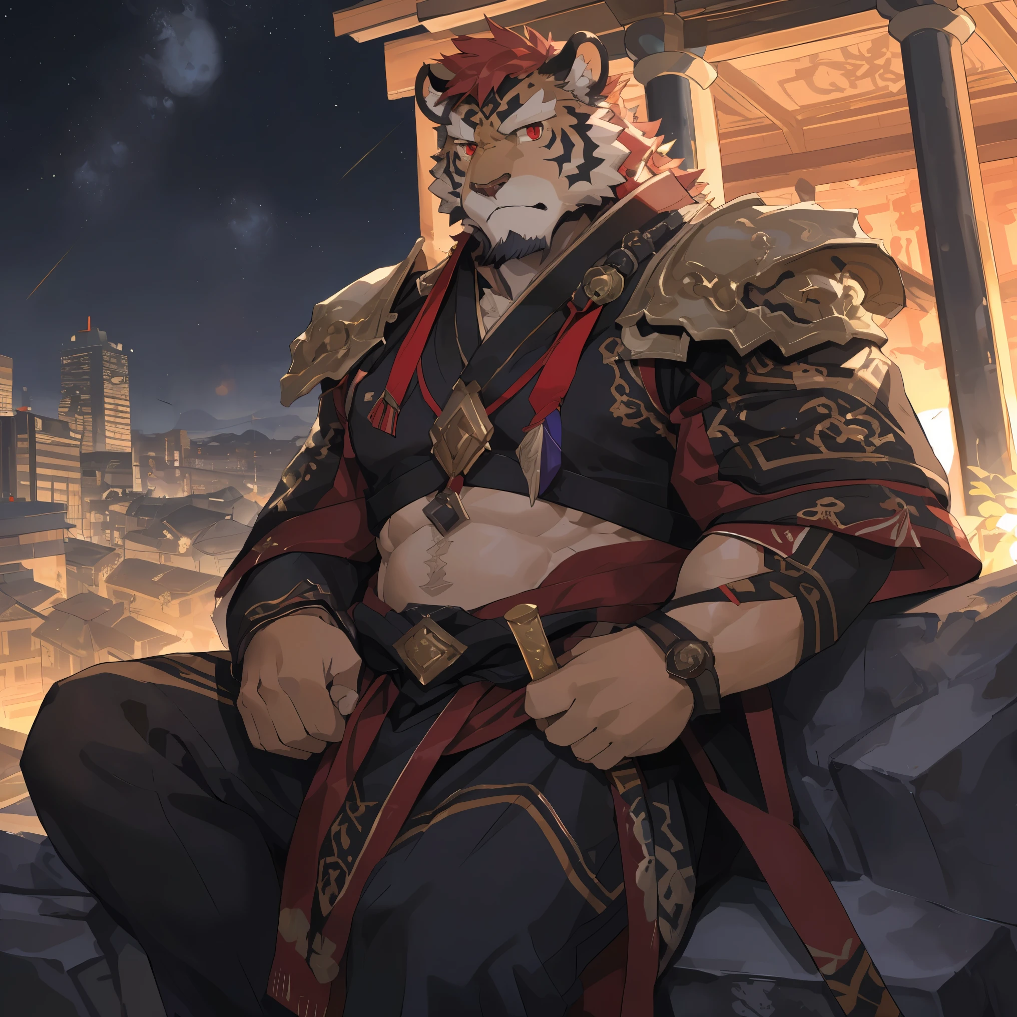 (赤红色tiger),(赤红流火general古代战袍),Holding a long sword,Powerful posture,Sitting calmly on the edge of the cliff,(In the background are brightly lit cities.:1.2),abdominal muscles,heroic posture飒爽,完美的masterpiece,Various facial details,distance perspective,specific description,masterpiece,cg,(red eyes),crimson pattern,crimson tail,general,heroic posture,tiger,Crimson fur,Concrete facial details,Half body,(赤红general战履),(Chang Ling),((middle aged)),(face focus),(16k),HD,red white abdomen,temple,beard,(Face lines),Different pupils,(crimson ancient war robe),(Crimson hair),Strong,muscle,(high resolution:1.3),(Sitting on the edge of the cliff and looking at the lights of thousands of houses)