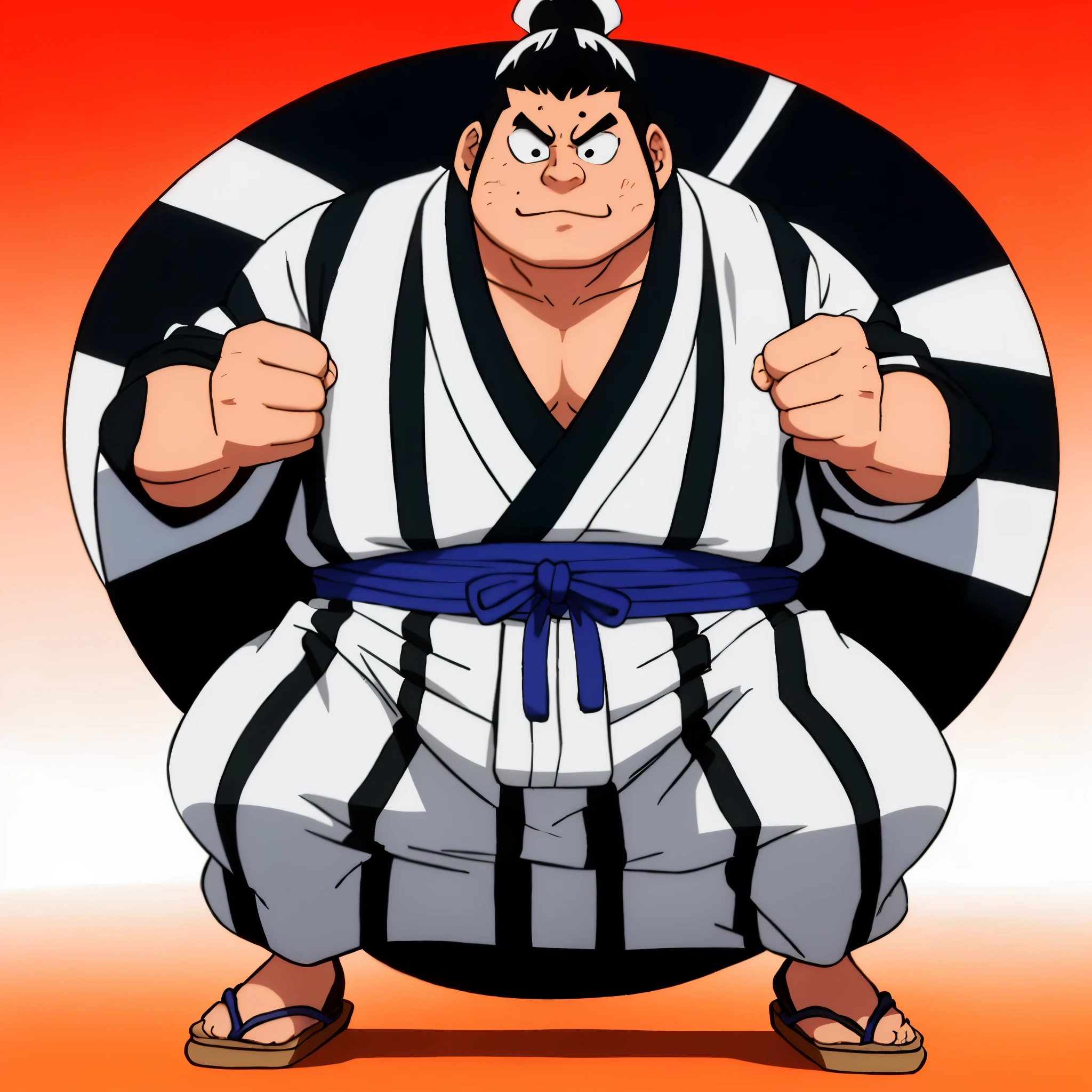 A sumo wrestling man, wearing a coral colored traditional Japanese clothing that covers everything with black and white square shaped patterns with the black and white layers alternating between each other, battlefield place