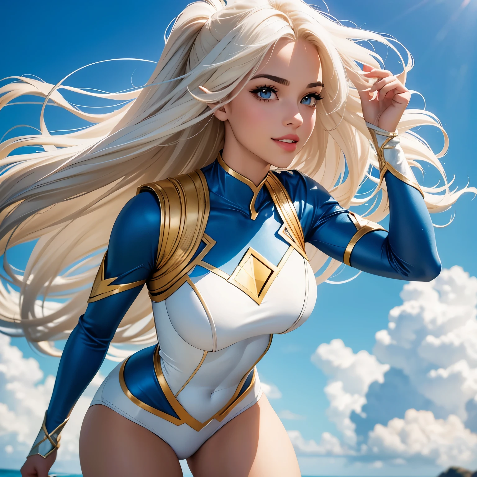 beautiful girl 18 years old light skin. Super Hero. cabello rubio brillante sonrisa, rubor, ojos celestes. pechos grandes, blue and white superhero costume. volando por el cielo , cabello rubio . piel clara rubia. pechos grandes. cuerpo completo, rostro hermoso