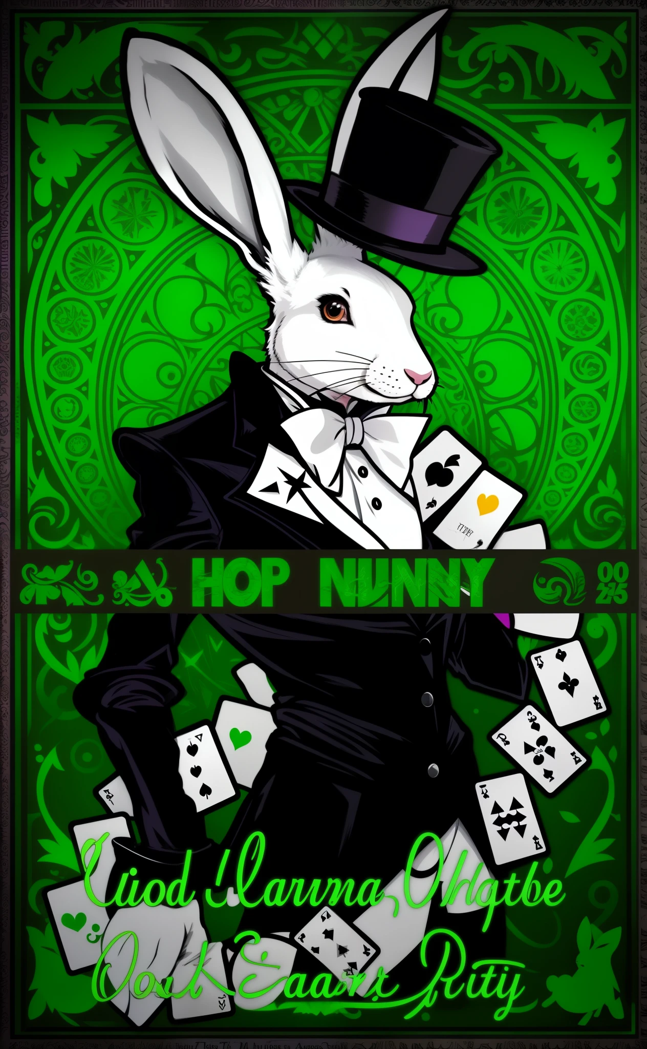 a close up of a rabbit in a top hat and suit, bunnypunk, [ tarot card ]!!!!!, the white rabbit, black light velvet poster, white rabbit, bad bunny, full card design, cover art, tarot card design, anthropomorphic rabbit, electrixbunny, card art, rabbt_character, tarot card art, playboy bunny, tarot design