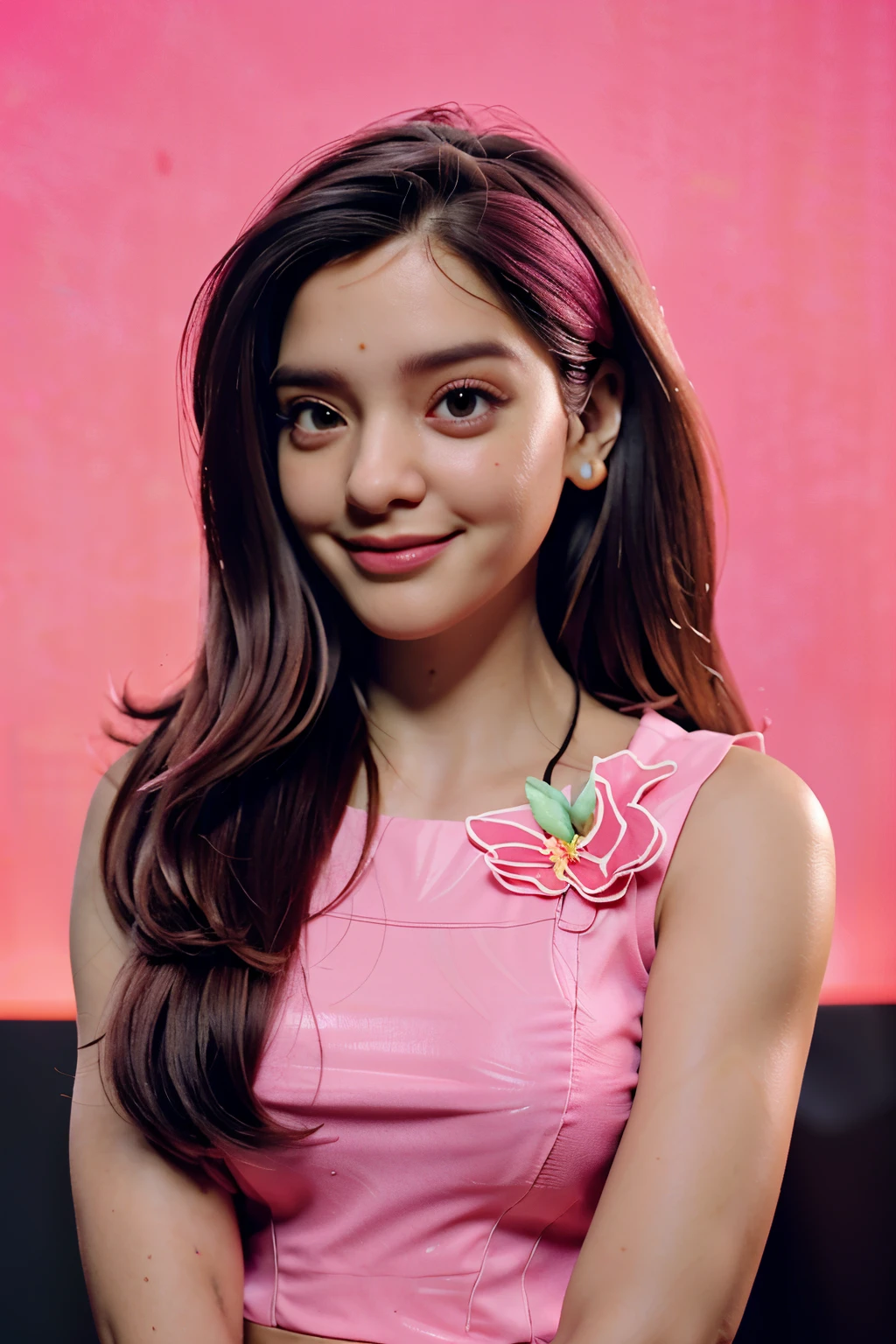 (corpo altamente detalhado, rosto altamente detalhado, melhor qualidade:1.2) ,uma mulher, Veja o visualizador, (rosa bom, jeaness of pink bougainvillea in the background:1.4), Mancha vermelha no rosto do lado esquerdo, olhos pequenos, glasses, sorrizo grande, cabelo chaceado castanho.