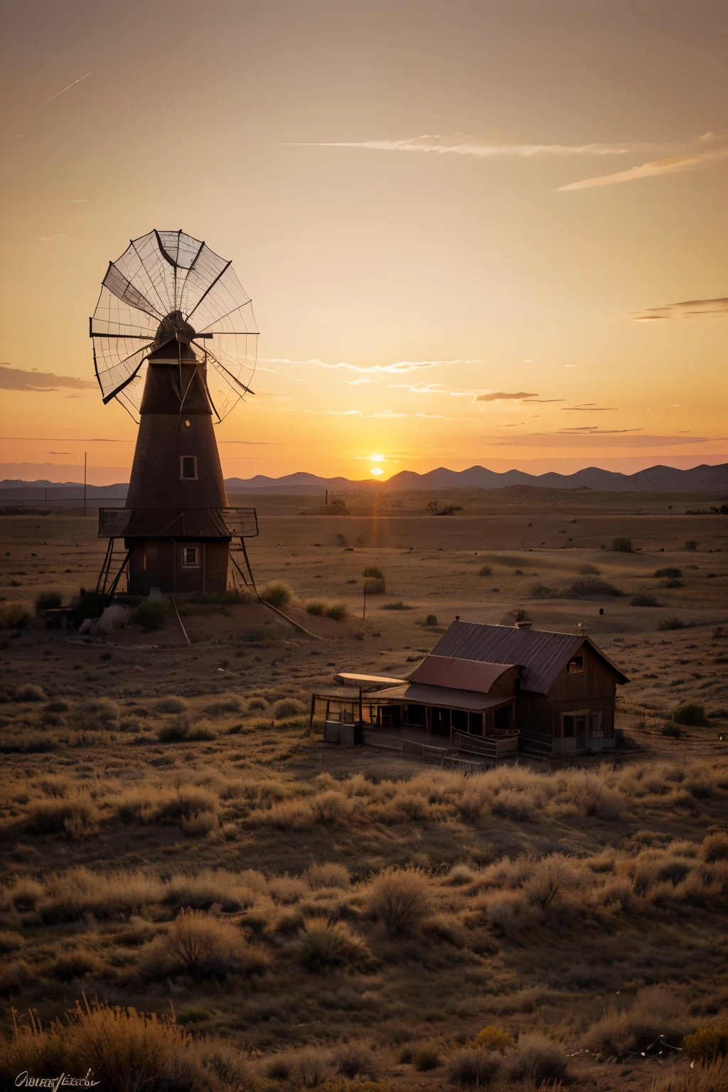 "Generate a deeply nostalgic image of a Western landscape in the enchanting embrace of evening, transporting us to a bygone era. Picture the vast, dusty plains bathed in the warm, amber glow of the setting sun, casting long shadows over iconic cacti and weathered tumbleweeds. The sky transitions through hues of orange and pink, creating a canvas for the fading light.
Envision a rustic homestead on the horizon, its wooden exterior catching the last rays of daylight. Lanterns flicker softly, illuminating the front porch adorned with rocking chairs that seem to carry tales from a simpler time. A lone cowboy, silhouetted against the colorful sky, guides their horse homeward. Include details like a corral with horses, a vintage windmill creaking in the breeze, and the distant sounds of crickets and a crackling campfire.
Capture the essence of nostalgia, where the quiet beauty of the Western evening evokes a profound connection to the iconic landscapes and timeless moments of the Old West. Let the scene tell a story of simplicity, warmth, and the enduring spirit of the frontier at dusk."