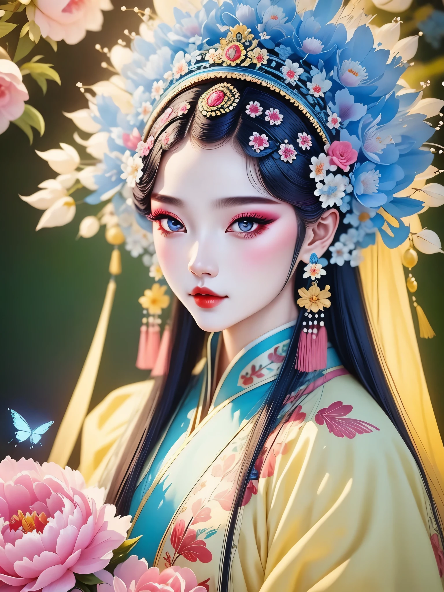 (masterpiece, best quality:1.2，lifelike：1.37), antiquity，Chinese style illustrations：（1 girl，bust，portrait ），exquisite facial features，Detailed drawing of eyes，eyelash，blush，long hair，Exquisite makeup，Beautiful pearls on the head，blue华丽的汉服，Garden background blurred，Simple，glowing butterfly，blue：1.37，huge peony flower：1.37