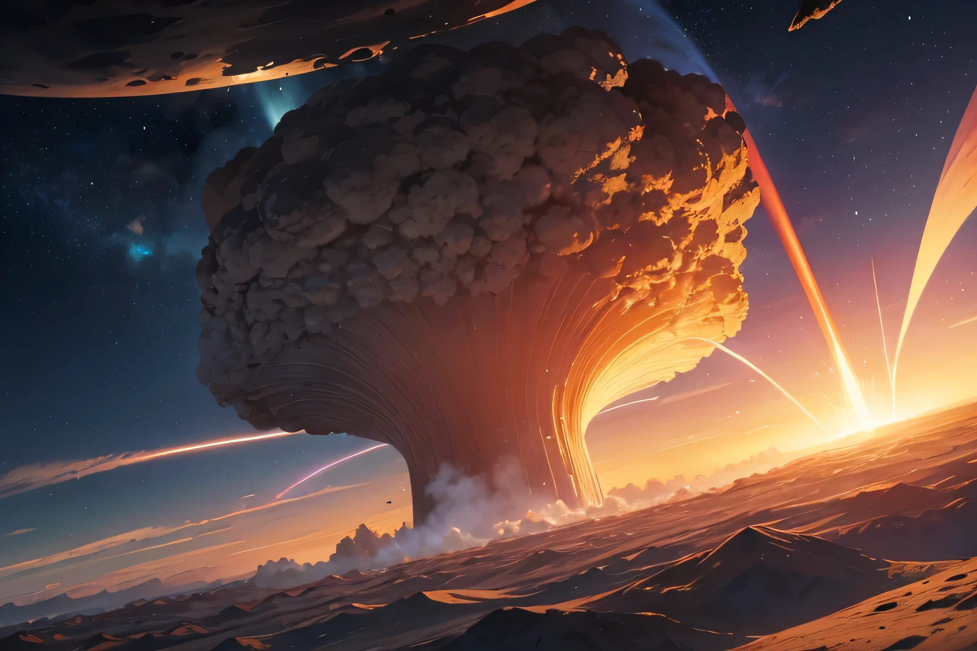 panoramic view, an impressive nuclear explosion on a red american desert, sunrise, dark ilumination, 4k HDR