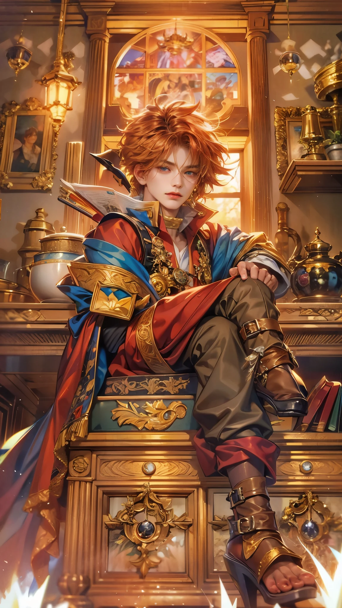 (absurdres, highres, ultra detailed, HDR), masterpiece, best quality, legend of mana character, boy hero, guy villain , detailed face, handsome face, anime eyes, inside home beside window, detailed character, detailed indoor, detailed home, art kenouji