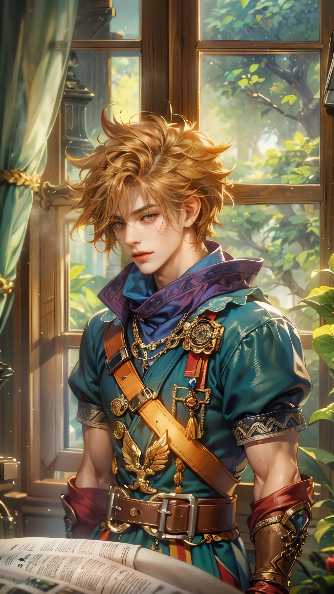 (absurdres, highres, ultra detailed, HDR), masterpiece, best quality, legend of mana character, boy hero, guy villain , detailed face, handsome face, anime eyes, inside home beside window, detailed character, detailed indoor, detailed home, art kenouji