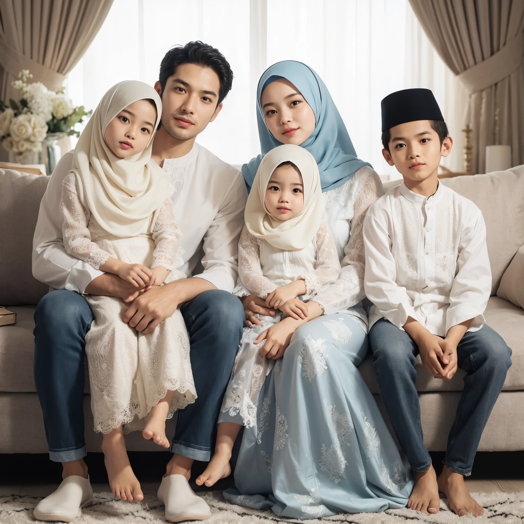 photo of an Indonesian family, father and mother aged 35 years, clean faces, sitting on the sofa holding a 2 year old girl, wearing a hijab, an 8 year old boy and a 5 year old girl sitting cross-legged in front, they are compactly wearing white Muslim batik clothes and matching blue longdress, wearing hijab, luxurious living room background, embracing each other, professional pose, best photography, detailed, ultra HD, masterprise, 8K