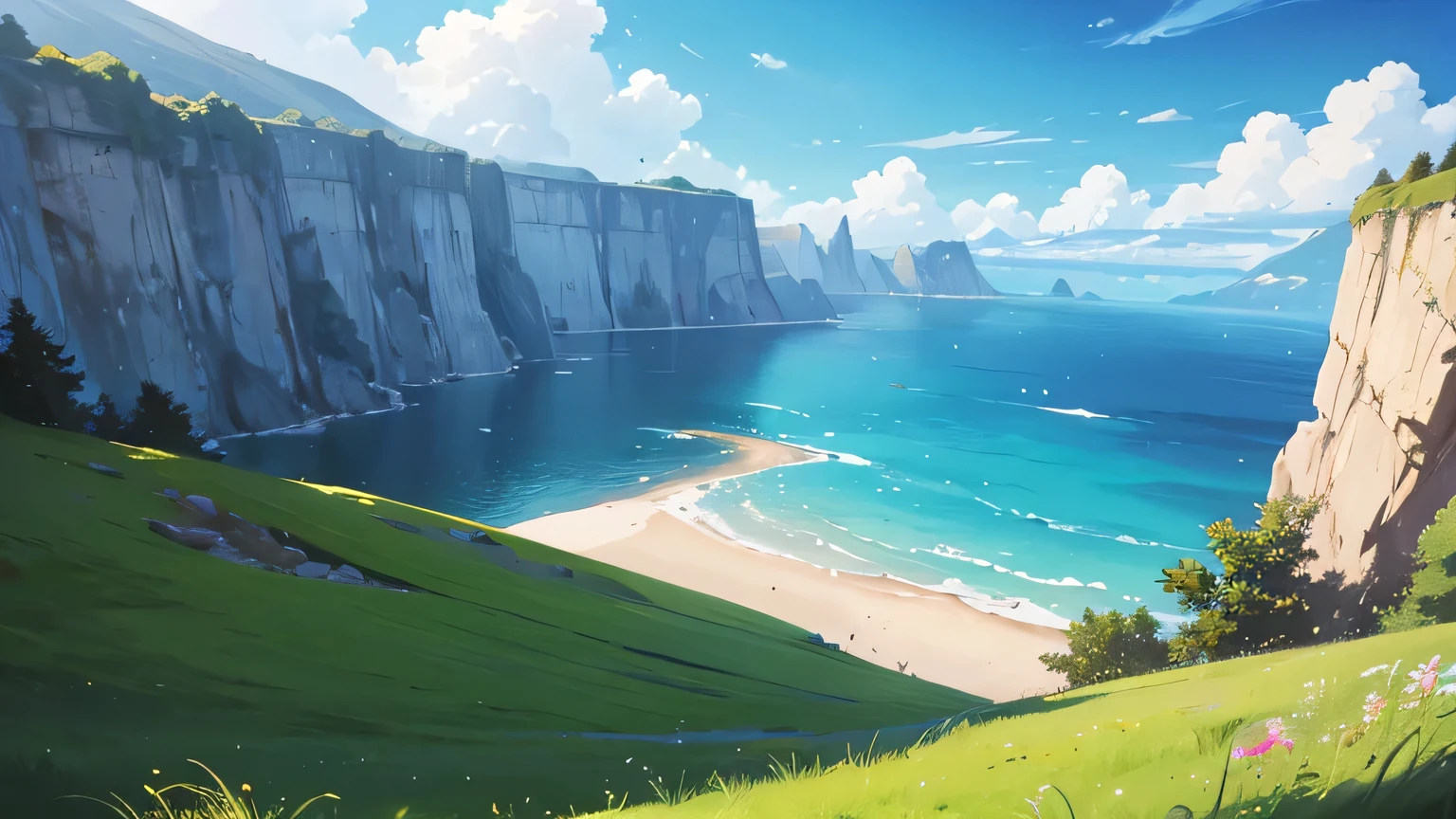 grass ground, blue skies, day time, far away, wide angle, cliff, floating ground