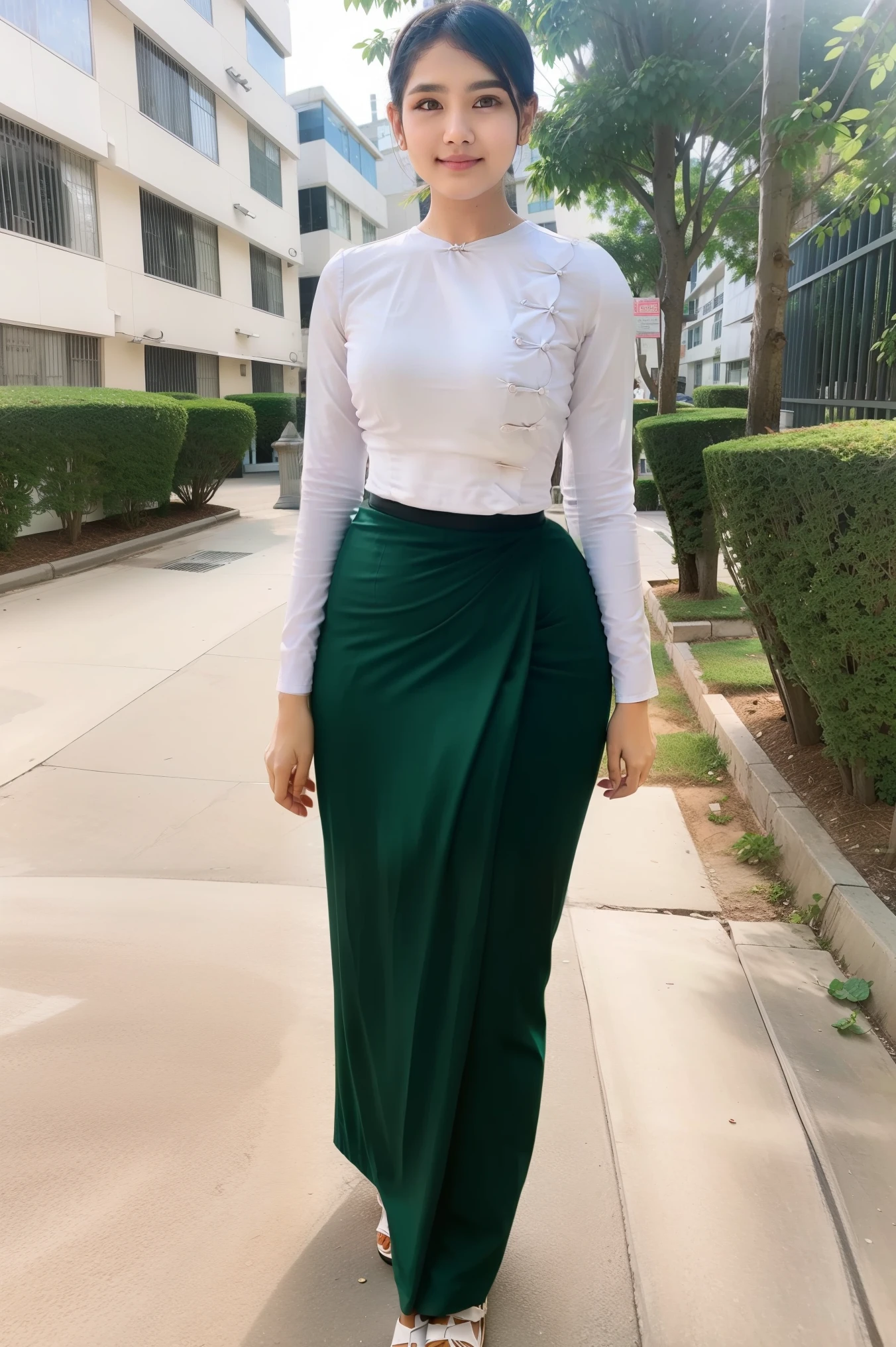 A school Teacher is walking on the street in Yangon.A school teacher is Tall, thin, big hips, big breasts, black hair, small lips, brown eyes, attractive, 8K.Top=white Burmese blouse,With long sleeves,Buttoned at the side.Bottom=(Dark green) long skirt.
Footwear=female Burmese sandals,The hair is knotted bun.
