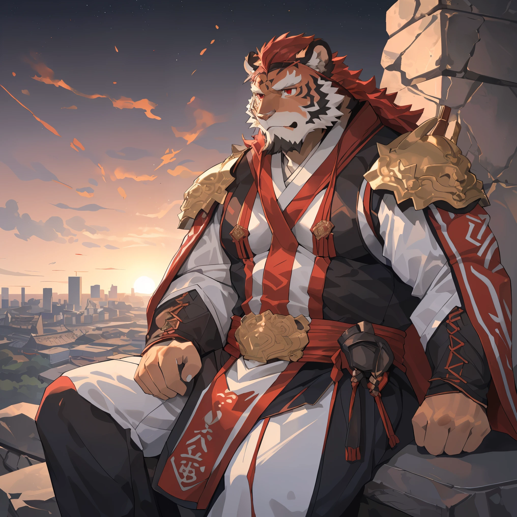 (赤红色tiger),(赤红流火general古代战袍),Holding a long sword,Powerful posture,Sitting calmly on the edge of the cliff,(In the background are brightly lit cities.:1.2),abdominal muscles,heroic posture飒爽,完美的masterpiece,Various facial details,distance perspective,specific description,masterpiece,cg,(red eyes),crimson pattern,crimson tail,general,heroic posture,tiger,Crimson fur,Concrete facial details,Half body,(赤红general战履),(Chang Ling),((middle aged)),(face focus),(16k),HD,red white abdomen,temple,beard,(Face lines),Different pupils,(crimson ancient war robe),(Crimson hair),Strong,muscle,(high resolution:1.3),(Sitting on the edge of the cliff and looking at the lights of thousands of houses)