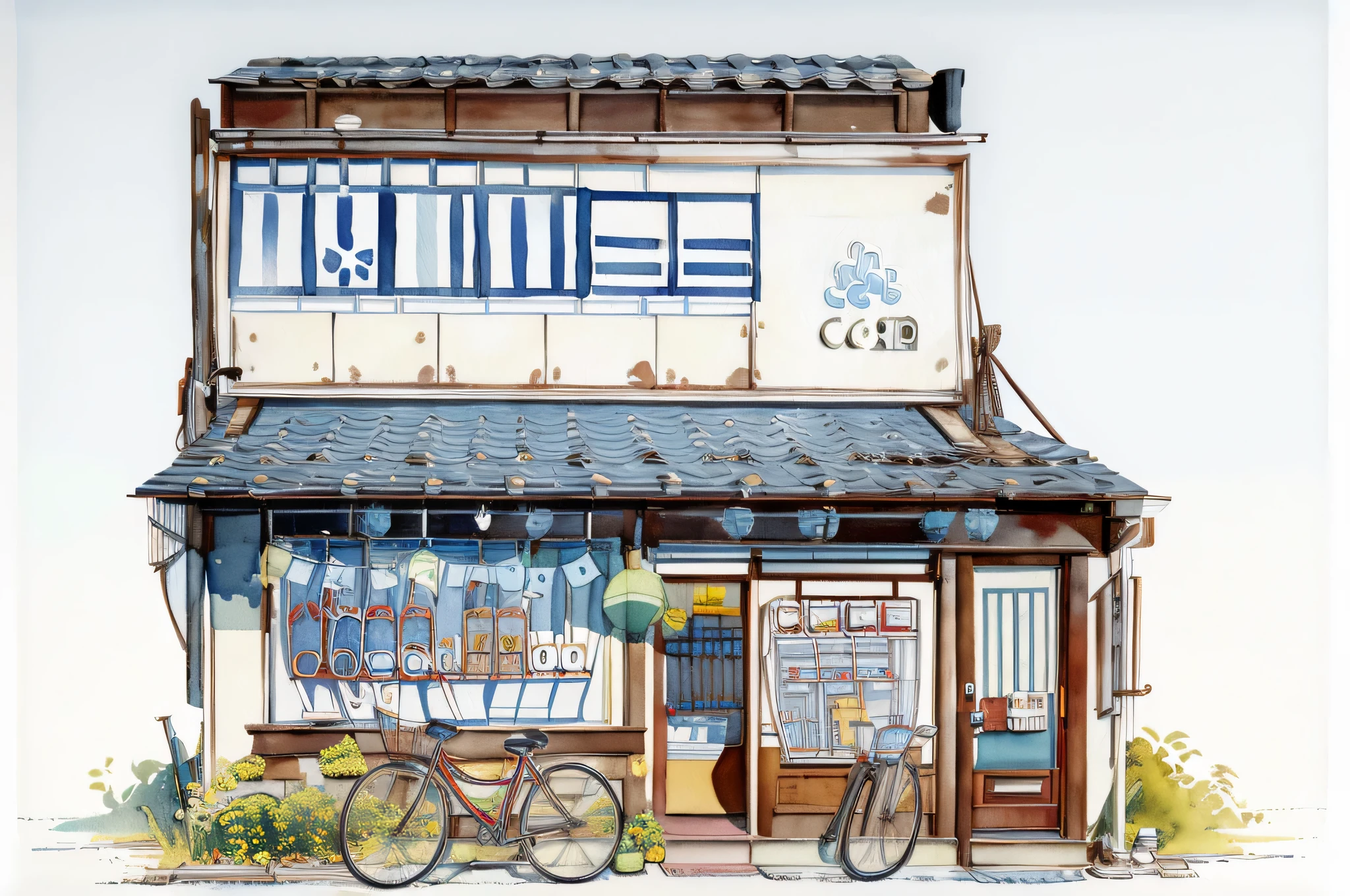 -Architectural marker painting, bicycle, there are no humans, scenery, ground vehicle, sign, white background, traditional media, outdoors, shop, door, painting \(Moderately\), simple background, plant, watercolor \(Moderately\), building, air conditioner, vending machine, shop頭