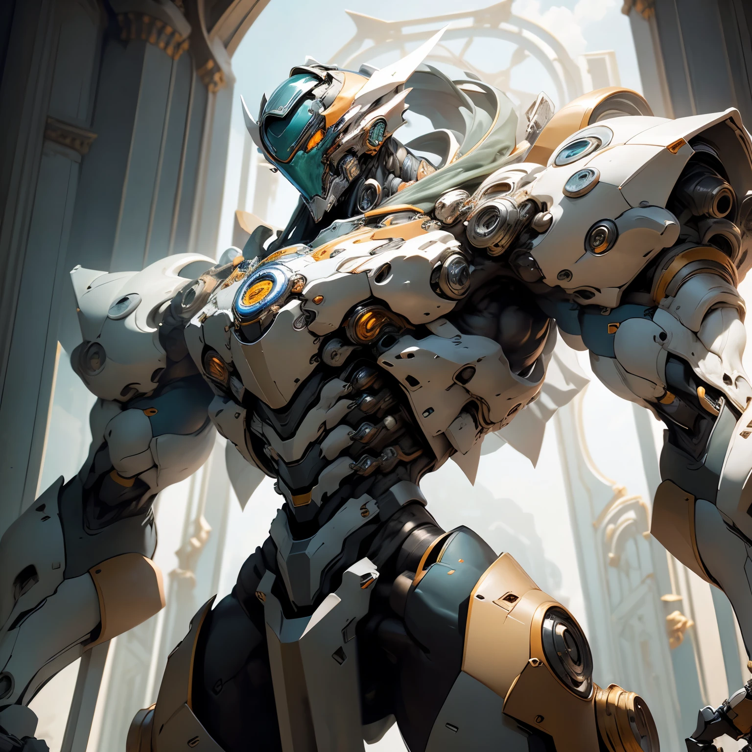 Lanky robot, pristine frame, thin body, angular plating covering body, triangular head shape, triangular visor lens, wearing a circular flat hat, rice hat, long straight blade protruding from the right arm, menacing look, strong chest, wide shoulders 