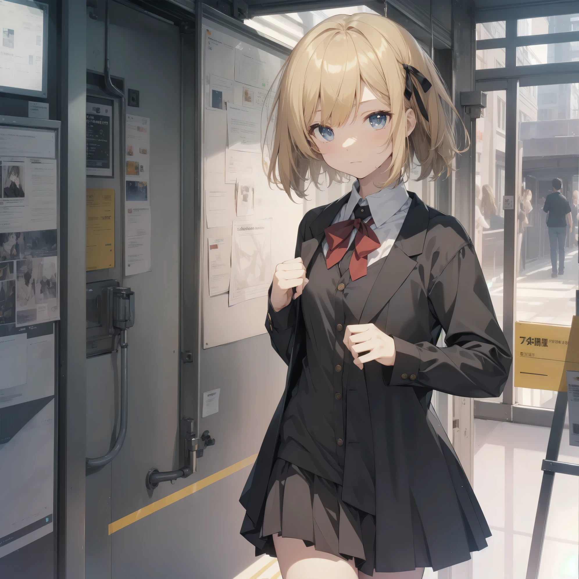 Ultra-highest quality by the art god, super detailed, High resolution, anime moe art style, Best Anime 8K Kona-chan Wallpaper, pixiv contest winner, perfect anatomy, break,(眠そうにalone学校へ行く女の子を描いてください. )break,1 girl, (alone,little woman, baby face, 13 years old:1.3),All limbs, full finger,, The charm of an immature body, (very short hair), bangs, flat chest, , Small Bodysuits, small ass, between legs, small black eyes, detailed and beautiful eyes, Well-proportioned iris and pupils, expressive eyes, sleepy eyes, High resolutionの詳細な髪, ribbon, neck ribbon, skirt, collared shirt,  pleated skirt, school uniform, school bag,(detailed lighting), (detailed background), On the way to school. break,super dense skin, Best lighting by famous artists, 8k, Bright illustration,Hmm, rough skin,Absurd Hi-Res 