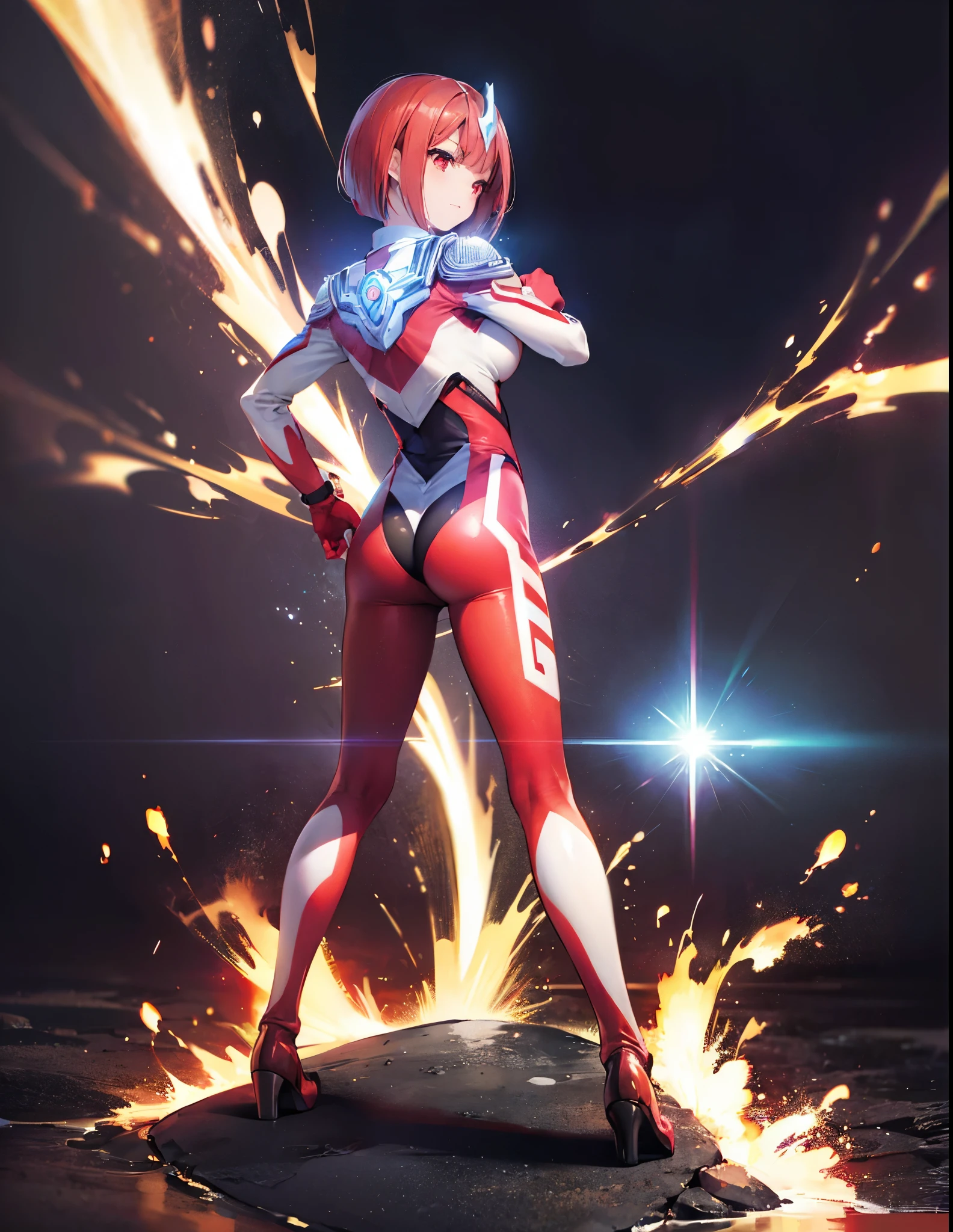 Close-up,highest quality, ultra detail, High quality CG drawing, The most delicate and beautiful, Floating gently, High resolution, (1 girl), (Highest image quality,4K,8K,masterpiece:1.2),(all red hair:1.5),(short bob:1.5),bangs bangs,(red eyes:1.5), (ultra girl :1.0), (All red Ultraman bodysuit:1.4),slightly bigger breasts,red gloves,(Turn your back to your audience:1.3),butt, (clenched fist:1.2),(put both hands on hips:1.2)