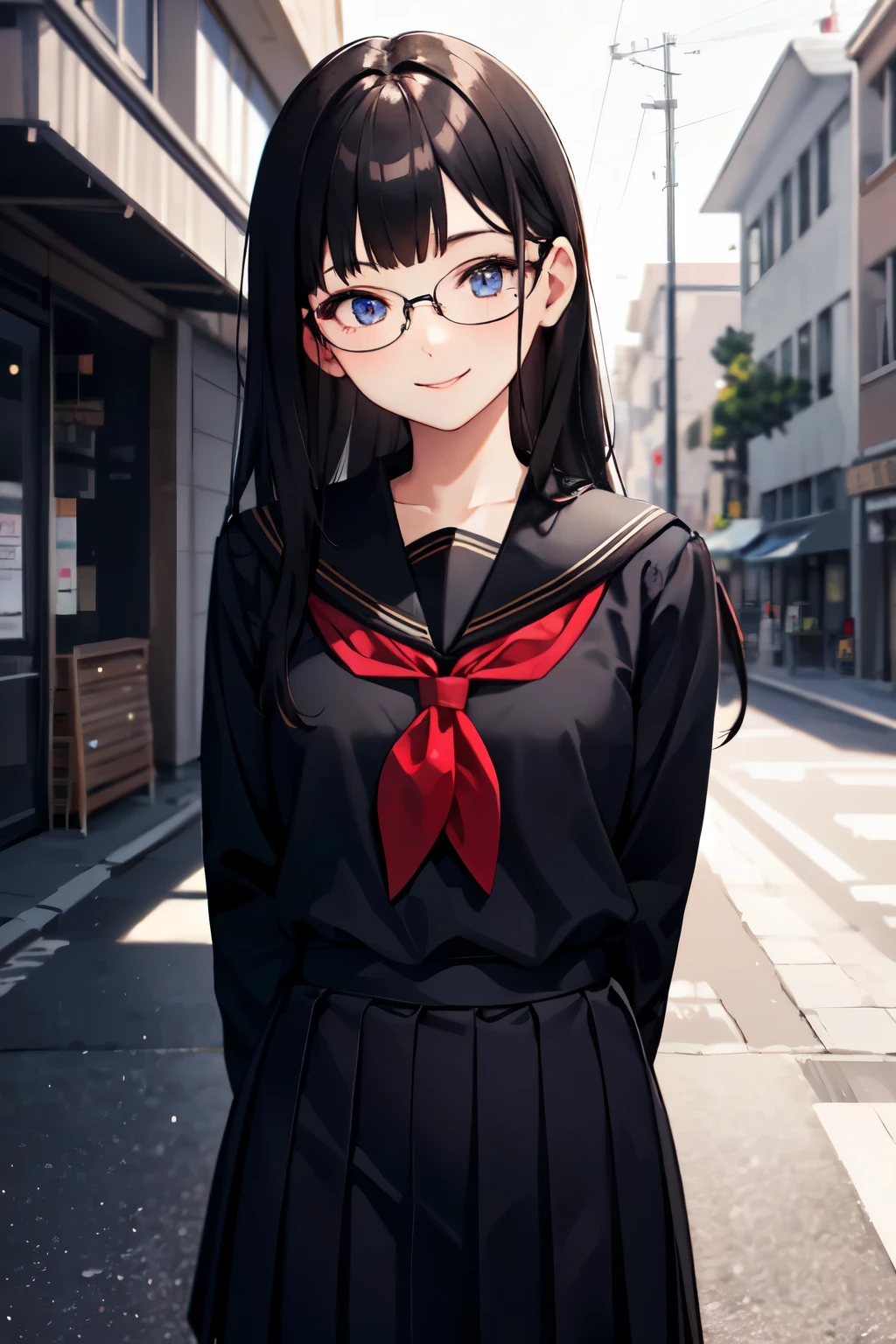 ((masterpiece,best quality)), ((from front)),front face,1girl,stand, (arms behind back),,Detailed beautiful eyes, looking at viewer, black hair, straight hair,long hair, blunt bangs, shiny skin,black school uniform,(((long black sleeve shirt))),school uniform, (black sailor suit),glasses,beauty mark,(smile),cowboy shot,flat chest,mole,Break,(((school))),