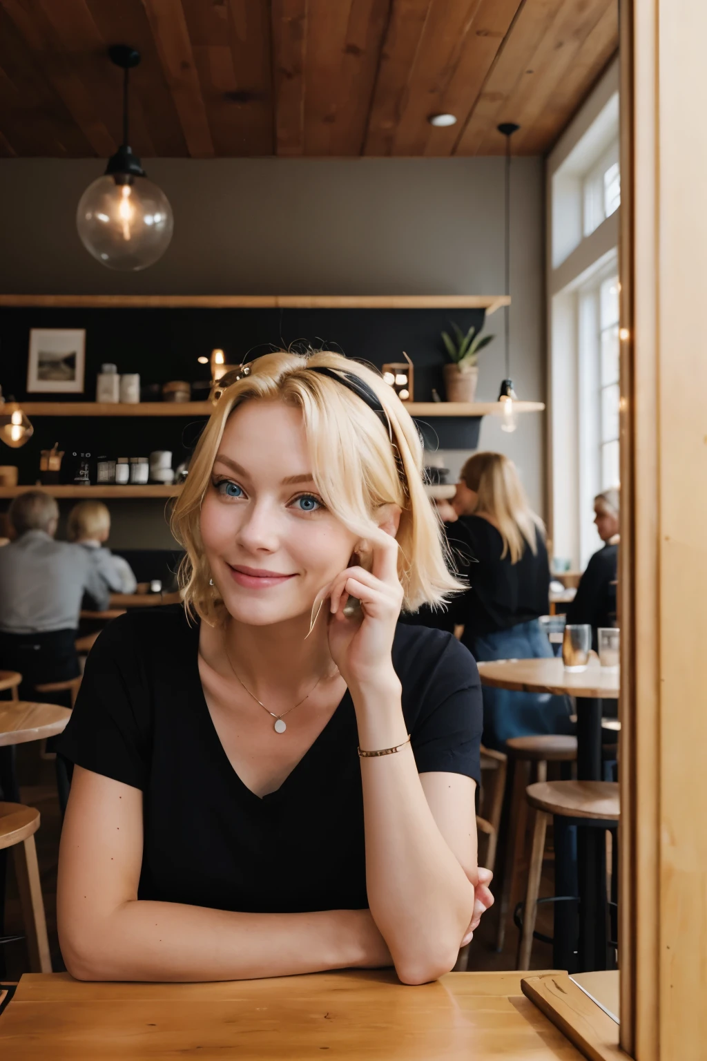 photography in a cafe, with good color, right into the frame , blonde
