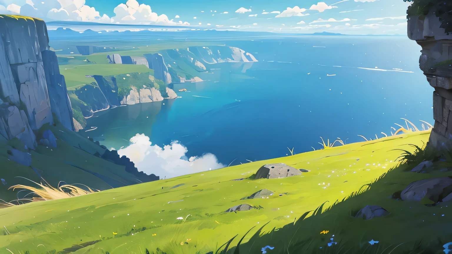 grass ground, blue skies, day time, far away, wide angle, cliff, floating ground