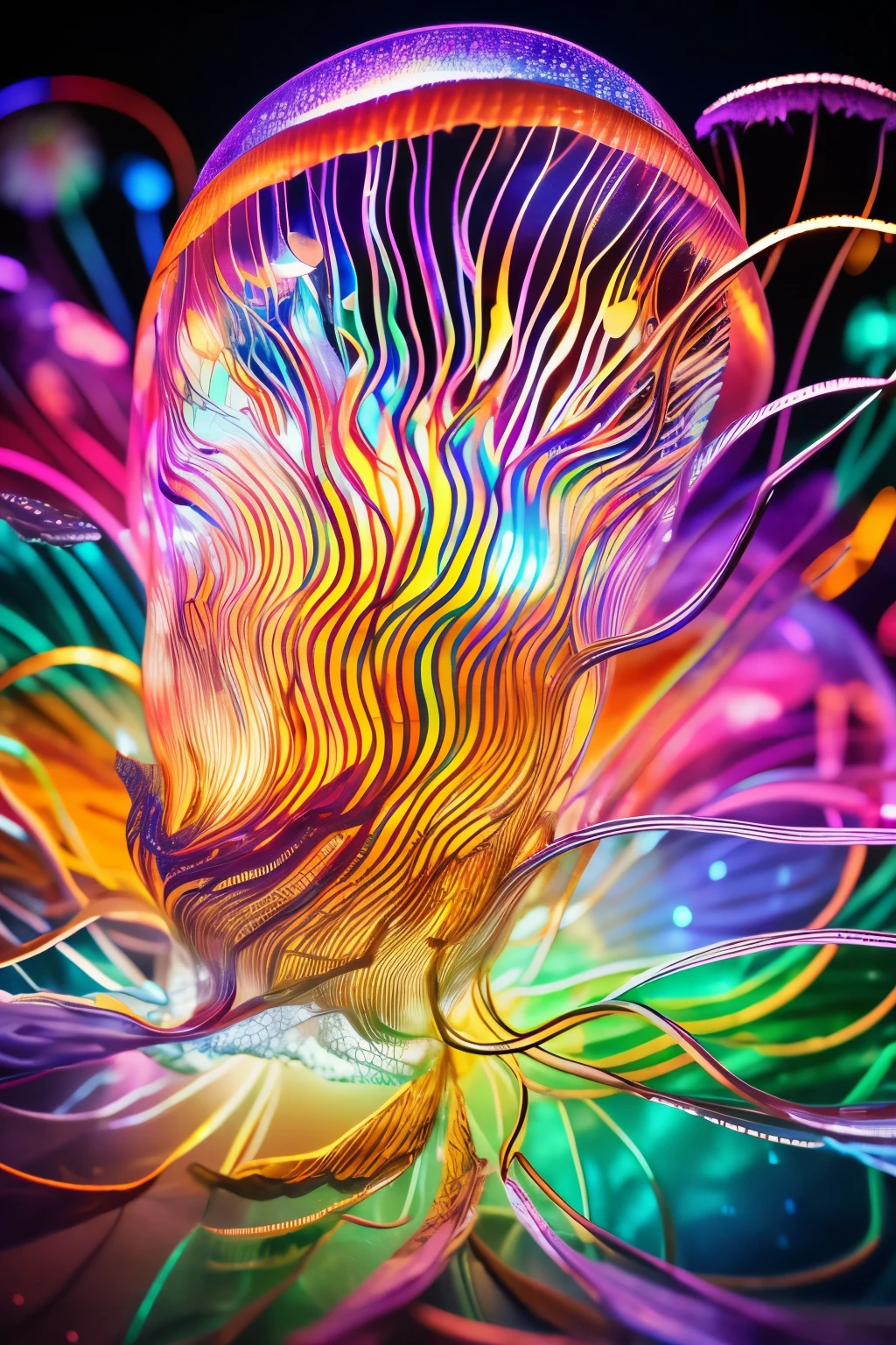 best quality, 32k, RAW photo, incredibly absurdres, extremely detailed, delicate texture, delicate, flashy and dynamic depiction, jellyfish, translucent anatomy diagram, luminous in rainbow colors, strange and strange, motion-blur, action-lines, speed-lines, background mad black, scattered silver dust