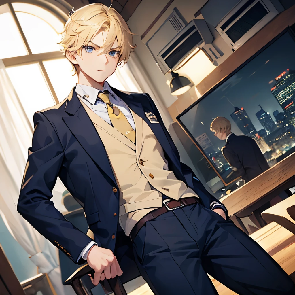 a boy, 1boy, blonde hair, serious look, sports jacket, sports clothing, bottomless, half body, blue eyes, beautiful eyes