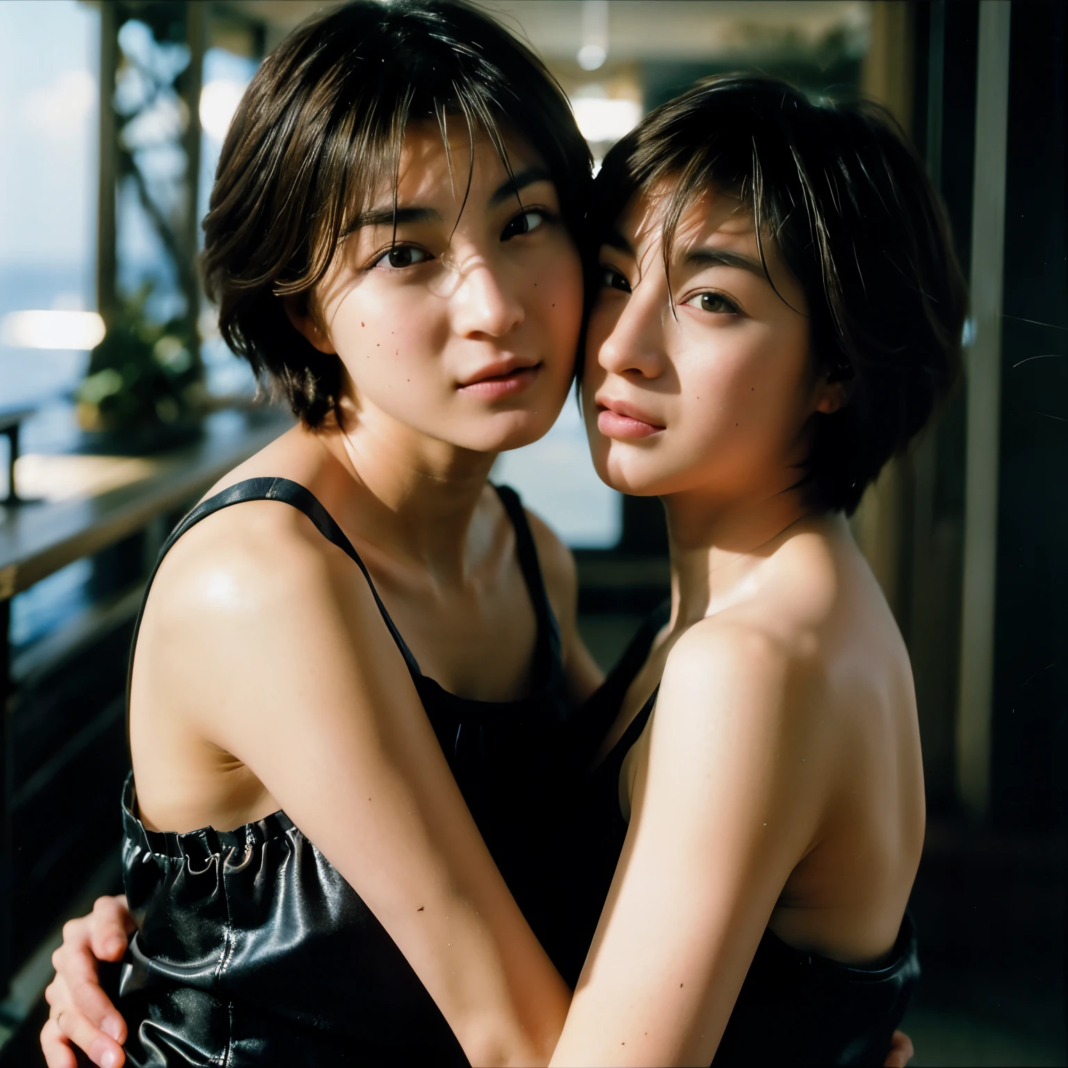 (table top, highest quality, beautiful quality), (realistic:1.4), (detailed lighting, highly detailed skin, short hair、very fine hair, shadowy, 8k, 15 years old with baby face、Identical twin sisters of girls:1.2), looking at the viewer, (high key lighting), highest quality, official art, unity 8k wallpaper, 超A high resolution, hug me close、lesbian、love、super detailed, beautiful and aesthetic
