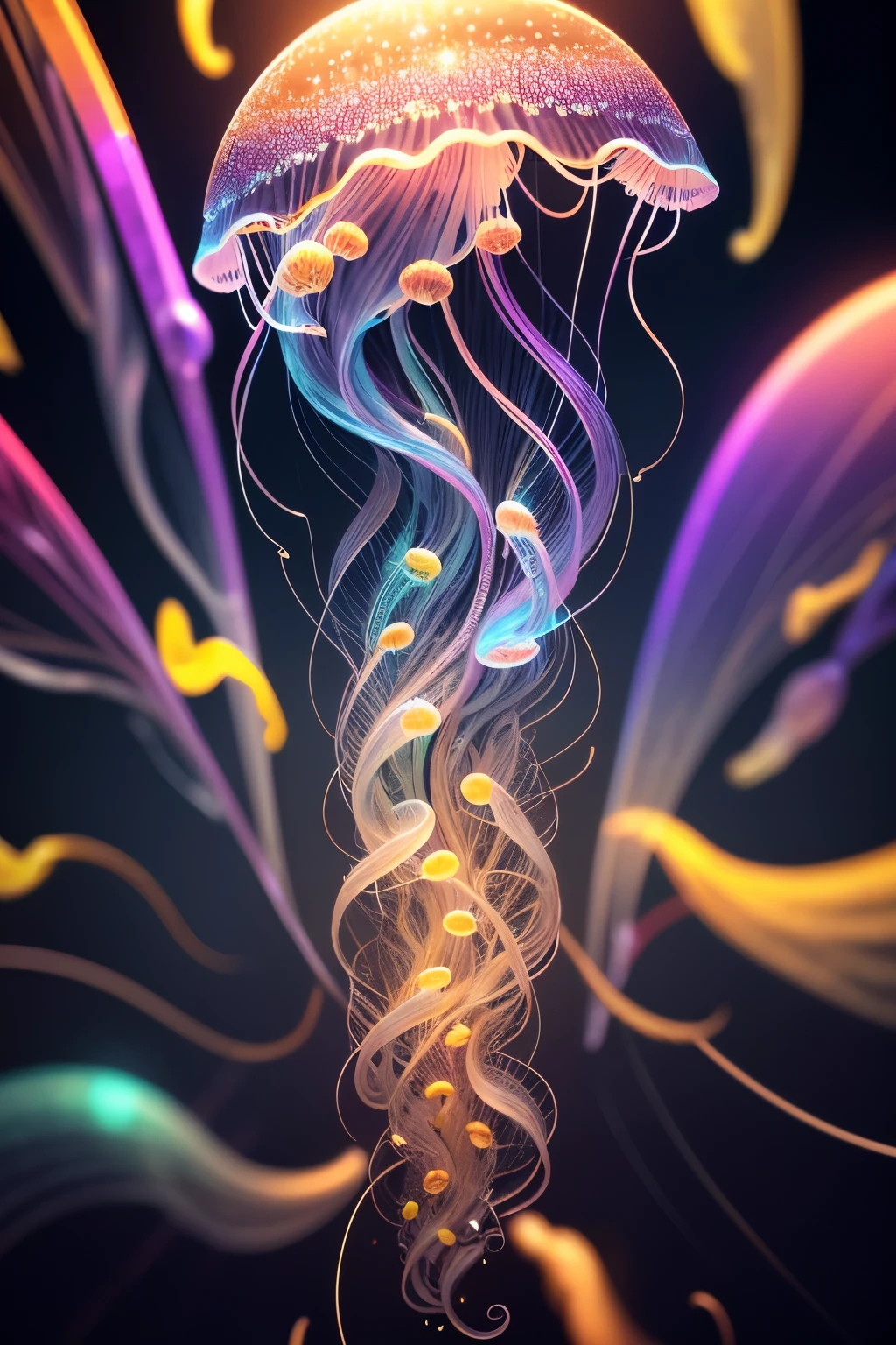 best quality, 32k, RAW photo, incredibly absurdres, extremely detailed, delicate texture, delicate, flashy and dynamic depiction, jellyfish, translucent ??????? diagram, luminous in rainbow colors, strange and strange, motion-blur, action-lines, speed-lines, background mad black, scattered silver dust