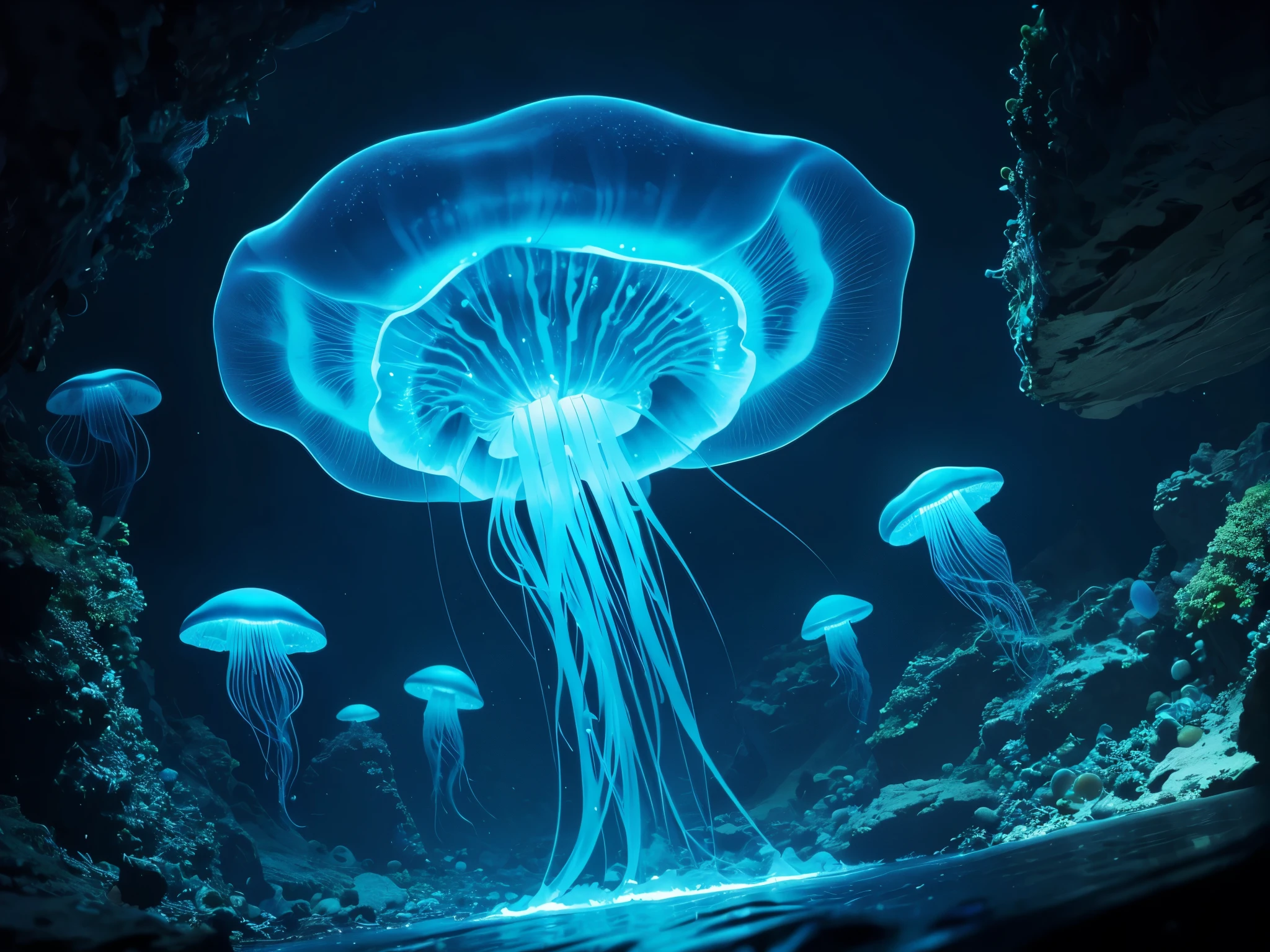 (masterpiece, best quality), best resolution, bioluminescent jellyfish, no sunlight