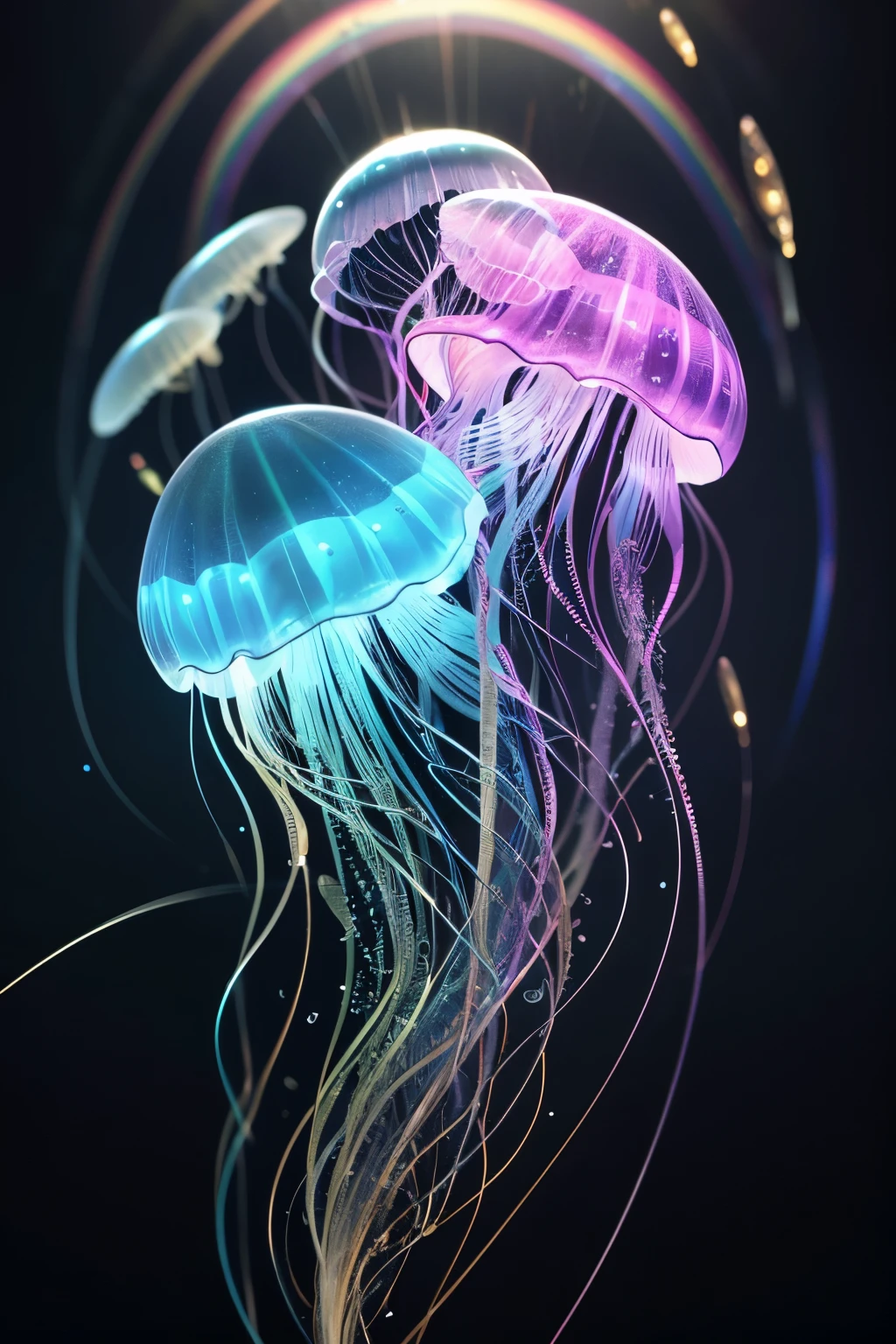 best quality, 32k, RAW photo, incredibly absurdres, extremely detailed, delicate texture, delicate, flashy and dynamic depiction, jellyfish, translucent anatomy diagram, luminous in rainbow colors, strange and strange, motion-blur, action-lines, speed-lines, background mad black, scattered silver dust