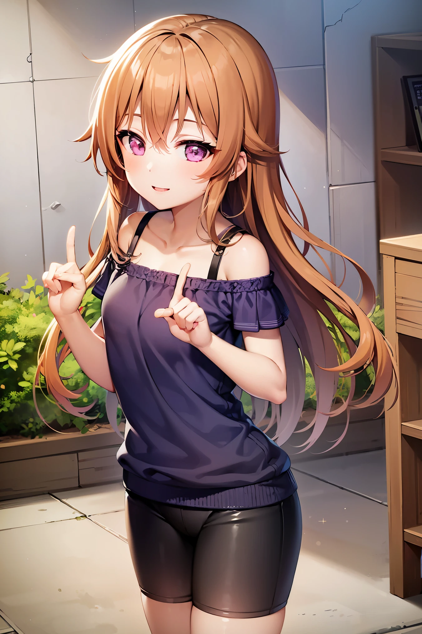 (best quality, masterpiece:1.2), (1girl, solo:1.2), smile, detailed background, (looking at viewer, solo focus:1.2), 
Konoe kanata, long hair, straight hair, purple eyes, brown hair, off-shoulder black strap, purple t-shirt short, short sleeves, standing, two peace sign, solo focus, bike shorts, black bike shorts, looking ahead, 