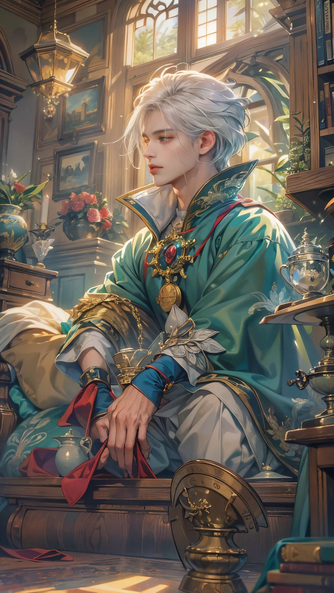(absurdres, highres, ultra detailed, HDR), masterpiece, best quality, legend of mana character, boy hero, guy villain , grey hair, cyan outfit , detailed face, handsome face, anime eyes, inside home beside window, detailed character, detailed indoor, detailed home, art kenouji