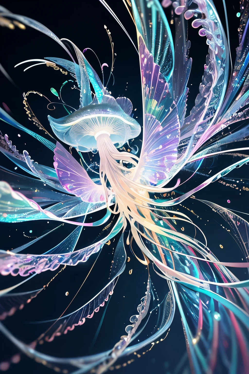best quality, 32k, RAW photo, incredibly absurdres, extremely detailed, delicate texture, delicate, flashy and dynamic depiction, jellyfish, translucent anatomy diagram, luminous in rainbow colors, strange and strange, motion-blur, action-lines, speed-lines, background mad black, scattered silver dust