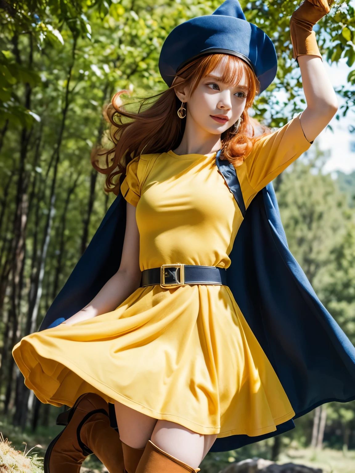 1 girl,alone,DQ4-Arena,Upper body,black pantyhose,blue cloak,blue hat,boots,curly hair,earrings,long hair,orange gloves,orange hair,red eyes,No sleeve,yellow dress,yellow skirt,dynamic pose,small breasts,(shiny,shiny dress:1.1)jumping,V-shaped eyebrows,nice weather in the forest, (masterpiece), (highest quality), (super detailed), intricate detailasterpiece), (highest quality), (super detailed), intricate details,