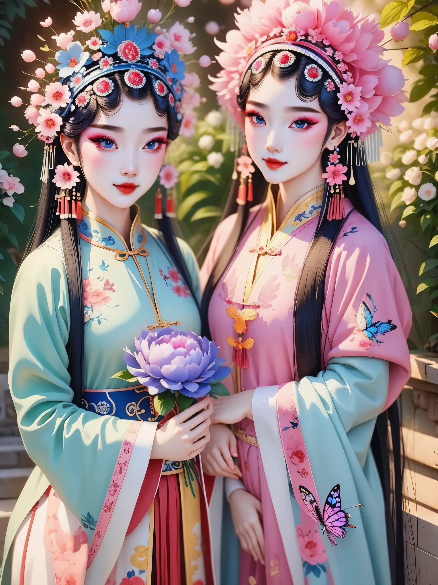 (masterpiece, best quality:1.2,lifelike:1.37), antiquity,Chinese style illustrations:(2 girls, ),portrait,Detailed drawing of eyes,eyelash,blush,laughing out loud,long hair,Exquisite makeup,Exquisite headdress,blue华丽的汉服,Garden background blurred,Simple,glowing butterfly,blue:1.37,huge peony flower:1.37