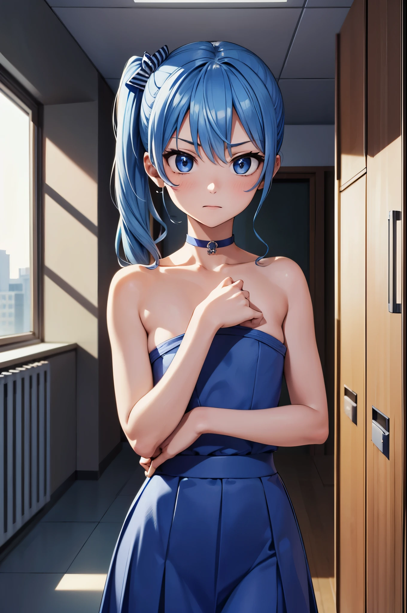 masterpiece, best quality, 1girl, solo, hoshimachisuisei, suisei hoshimachi, blue eyes, blue hair, choker, hair between eyes, medium hair, side ponytail, beautiful detailed eyes, extremely detailed face, perfect anatomy, flat chest, naked body, nude, blue skirt, sexy blue dress, standing frontally to the viewer, pov, looking at viewer, whole body can be seen, fear, afraid, scared expression, school locker room, detailed hands, five fingers, female genitals