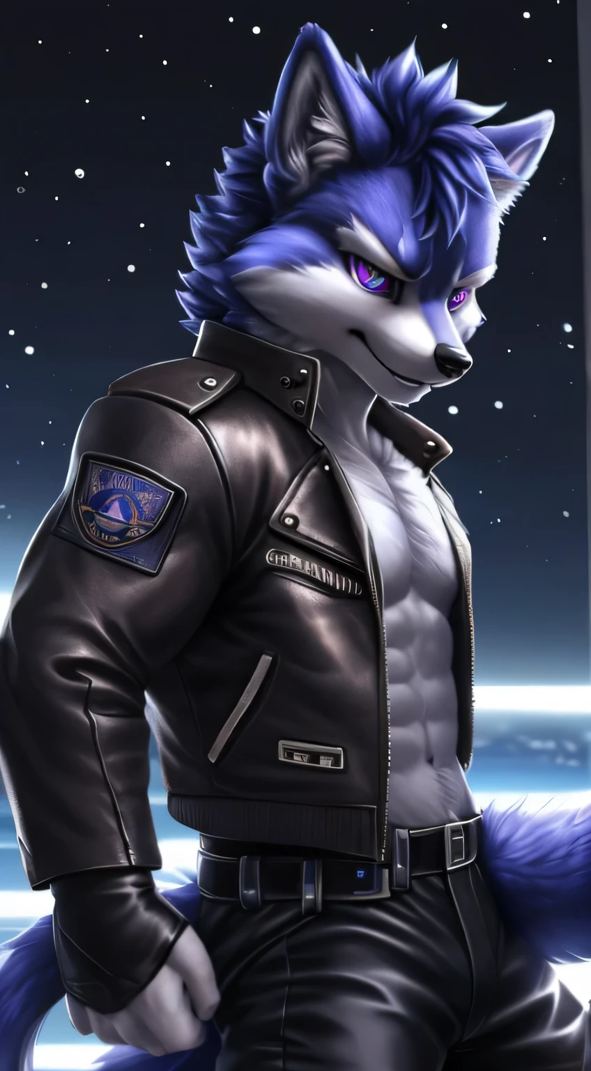 crystal, Star Fox, male,dark blue hair， (detailed), fluffy, alone, Meticulous and pragmatic, exquisite eyes,  (( purple gold devil eye)), good quality, high detail, detailed的皮毛, ((The tail is in the correct position) ，leather jacket，Tactical pants