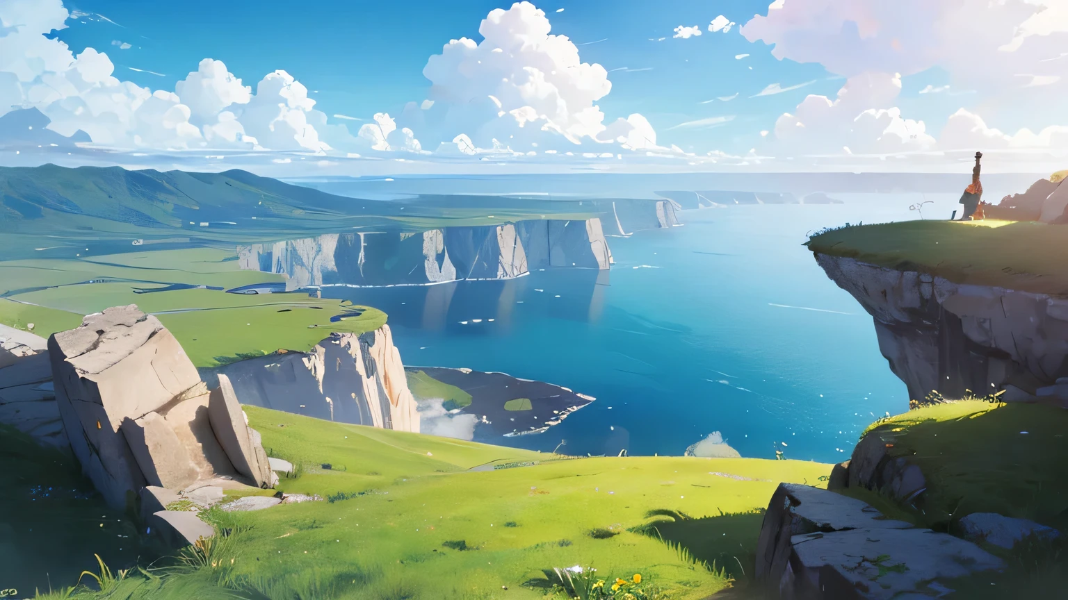 grass ground, blue skies, day time, far away, wide angle, cliff, floating ground, floating islands