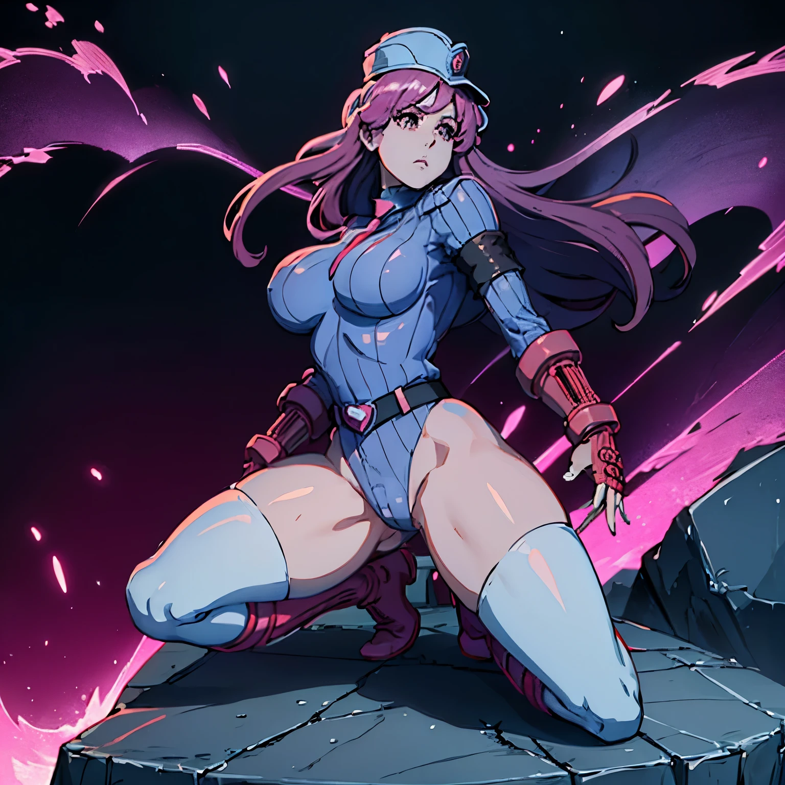 ultra-detailed, Explicit, Beautiful body, Beautiful Nose, Beautiful character design, perfect eyes, perfect face, ultra highres, 4K, beautiful legs, perfect legs, Nice hands, Perfect hand, Masterpiece, Best Quality, Highly detailed, illustration, absurdres, perfect anatomy, street fighter, doll suit, shadaloo doll, dollsuit, expressionless, blank eyes, looking at viewer, red gloves, emotionless, black latex, corrution, mind control, female combatant, full body, hypnotized, unhappy trance, full body suit, ribbed bodysuit, both arms at side, obey, perfect female body, extremely glossy latex, hypnosis, hypnoLora, empty eyes, Mind control device, poses, submissive_pose, Slave, kneeling down straight, kneeling down, kneeling down at attention, hat, necktie, belt, latex, ribbed bodysuit, thighhighs, garter belt, Fighting Stance, extending the right arm from the shoulder into the air with a straightened hand, military, thigh boots, 1girl, hair ornaments, pink hair, long hair, pink eyes, (((pixel-perfect, detail-perfect))), solo, 1girl, s McAllon, Bleach, big breasts