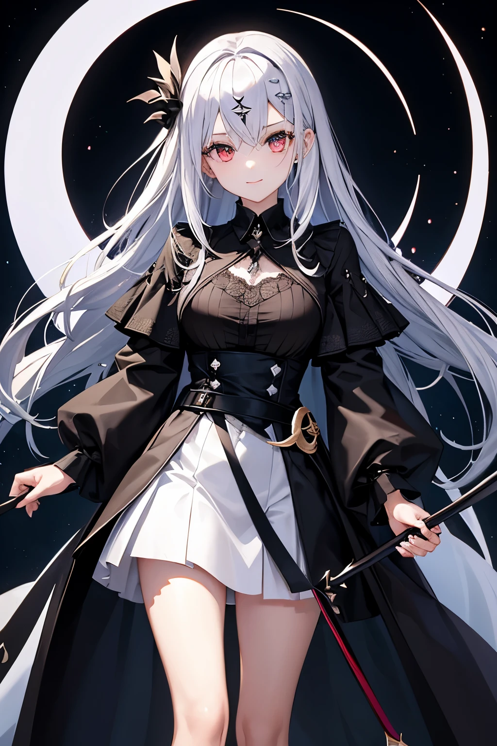 (high quality、masterpiece、be familiar with、normal body)((Beautiful girl with Death Scythe in her right hand:1.4、Executioners、grim Reaper、She has dyed her silver hair black down to the tips..、Golden eyes that emit a mysterious light))、Wearing a mysterious black robe、wearing a white skirt:1.2、risque costume、transparent costume:1.3、Multiple monthoon phase is lined up at the back、smile shyly、Crescent moon emblem on the forehead、柄の長いgrim Reaperの鎌を持ってる:1.5、A sickle with beautiful curves and a sharp edge.