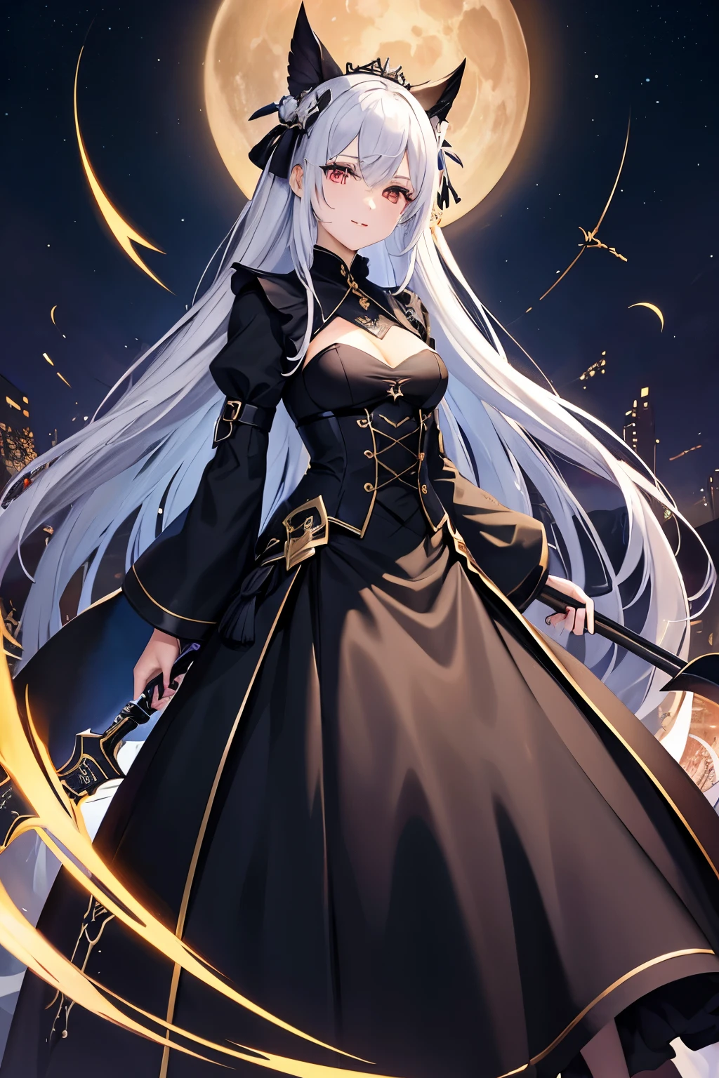 (high quality、masterpiece、be familiar with、normal body)((Beautiful girl with Death Scythe in her right hand:1.4、Executioners、grim Reaper、She has dyed her silver hair black down to the tips..、Golden eyes that emit a mysterious light))、Wearing a mysterious black robe、wearing a white skirt:1.2、risque costume、transparent costume:1.3、Multiple monthoon phase is lined up at the back、smile shyly、Crescent moon emblem on the forehead、柄の長いgrim Reaperの鎌を持ってる:1.5、A sickle with beautiful curves and a sharp edge.