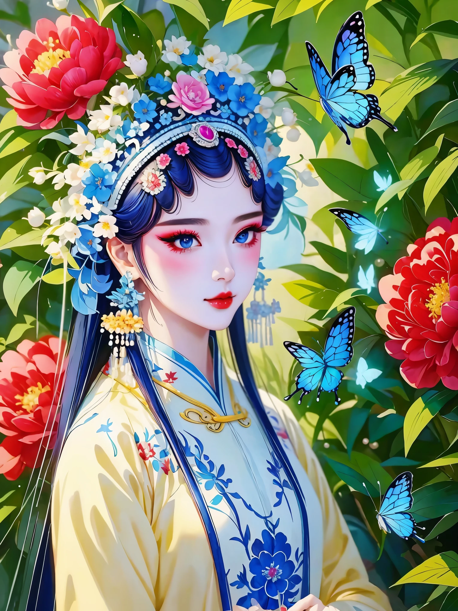 (masterpiece, best quality:1.2，lifelike：1.37), antiquity，Chinese style illustrations：（1 girl，bust，portrait ），exquisite facial features，Detailed drawing of eyes，eyelash，blush，long hair，Exquisite makeup，Beautiful pearls on the head，blue华丽的汉服，Garden background blurred，Simple，glowing butterfly，blue：1.37，huge peony flower：1.37