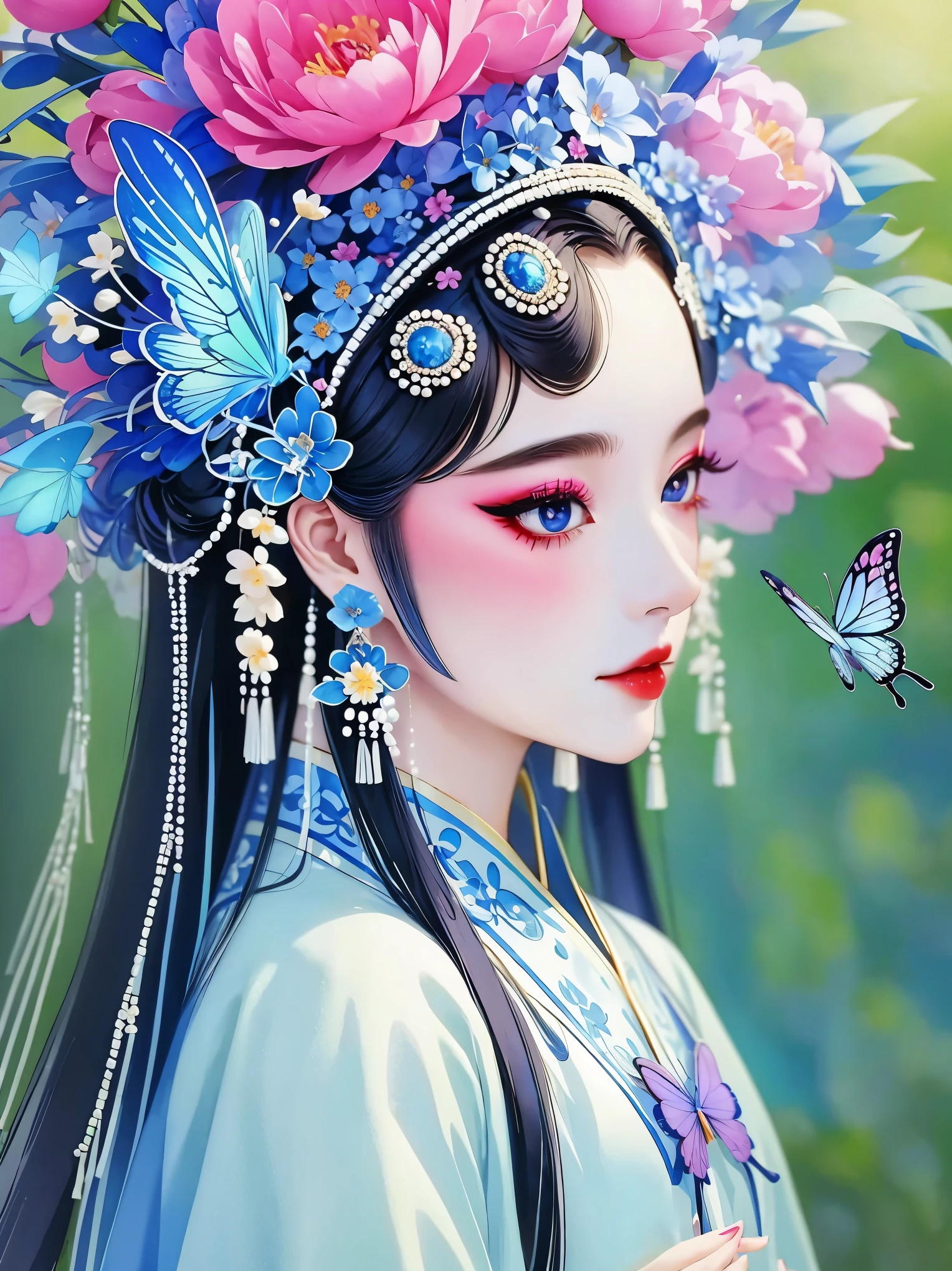 (masterpiece, best quality:1.2，lifelike：1.37), antiquity，Chinese style illustrations：（1 girl，bust，portrait ），exquisite facial features，Detailed drawing of eyes，eyelash，blush，long hair，Exquisite makeup，Beautiful pearls on the head，blue华丽的汉服，Garden background blurred，Simple，glowing butterfly，blue：1.37，huge peony flower：1.37