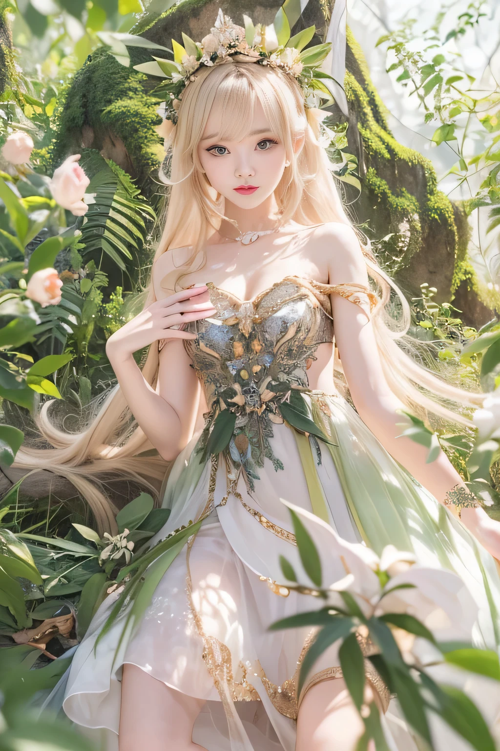 best quality、high resolution、super detailed、masterpiece、(Live shooting:1.5)、real:1.5、photorealistic:1.5、Very delicate and beautiful、fine details、(European:1.4)、(spread your legs:1.1)、Elegant beautiful fairy portrait、She gets along with nature、Have fairy-like beauty、Clear and translucent skin、emerald green eyes、(Delicate soft blonde hair)、Light, Feather hair accessories and accessories、Elegant fairy-like clothing、Blend into the natural background