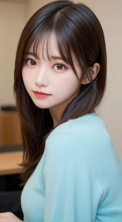 table top, highest quality, figure, super detailed, finely, High resolution, 8k wallpaper, 完璧なダイナミックな構figure, detailed and beautiful eyes, Wearing fluffy home wear,,natural color lip, cuteポーズ,20 year old girl、cute、looking at camera,background blur,KPOP idol face,futon(but)