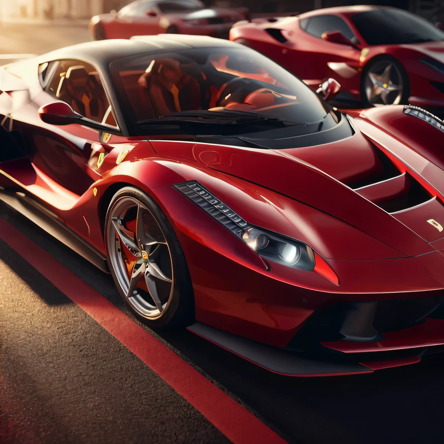 ferrari cars are parked on a street with the sun shining, with sleek lines and a powerful, wallpaper 4k, wallpaper 4 k, luxury hd render, ferrari, hq 4k wallpaper, hd wallpaper, hyper real render, 4k. high quality, wallpaper hd, octane render ”, aerodynamic imposing, octane render”, wojtek fus, wallpaper mobile, vibrant red