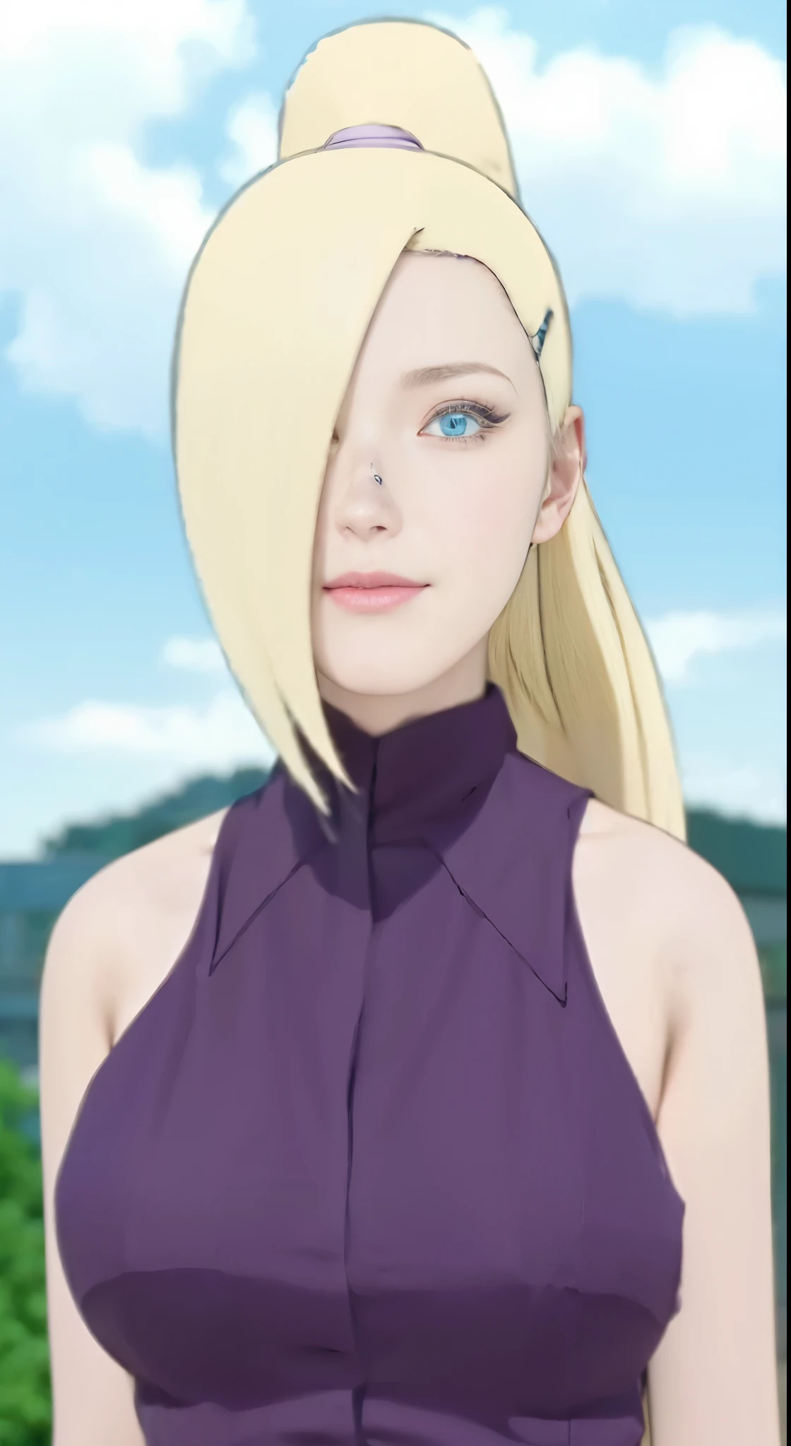 1female, long hair, yellow hair, blue eyes, beautiful detailed eyes, beautiful smile, realistic purple clothes, ultra-detailed clothing textures, city background with realistic details, realistic lighting, high-res image quality, anime style