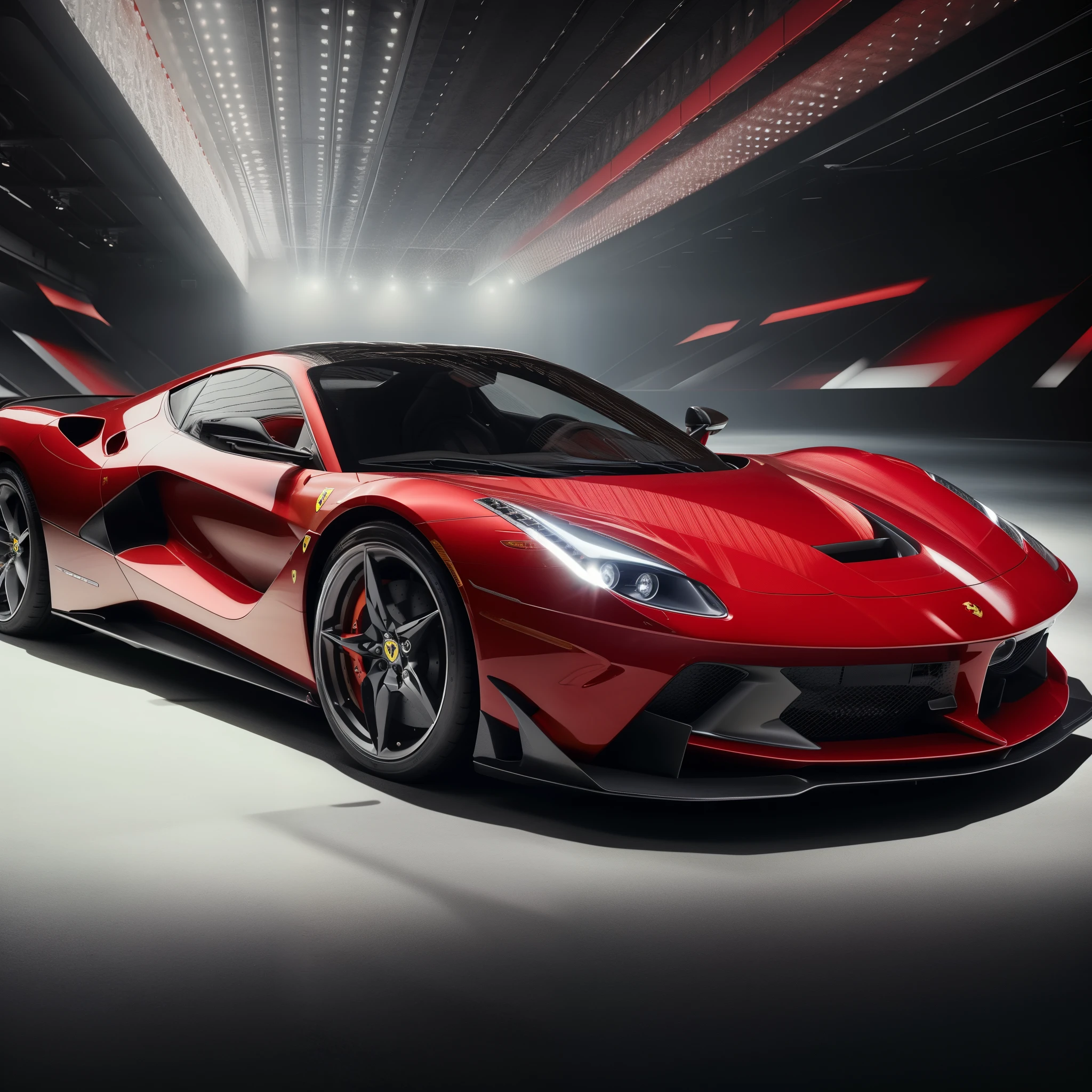 a red sports car is shown in a dark room, ferrari, with sleek lines and a powerful, f12, aerodynamic imposing, front perspective, hyper real render, luxury hd render, vibrant red 8k, f50, supercar, cinematic front shot, cgi rendering, award-winning masterpiece, f 3 2, f32, high render, perfect render
