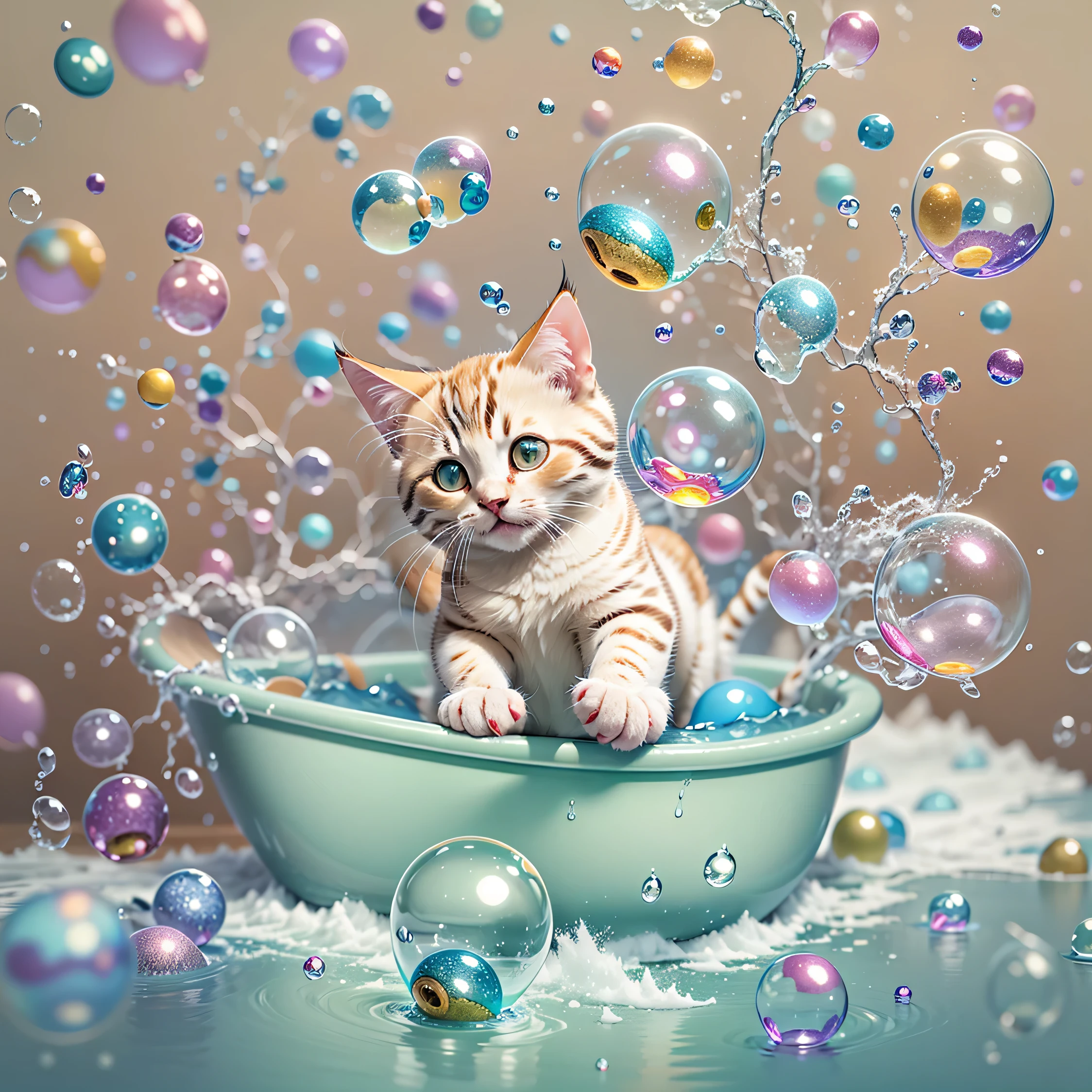 kitten floating in the air over a bathtub full of bubbles, there are bubbles in all colors, everywhere