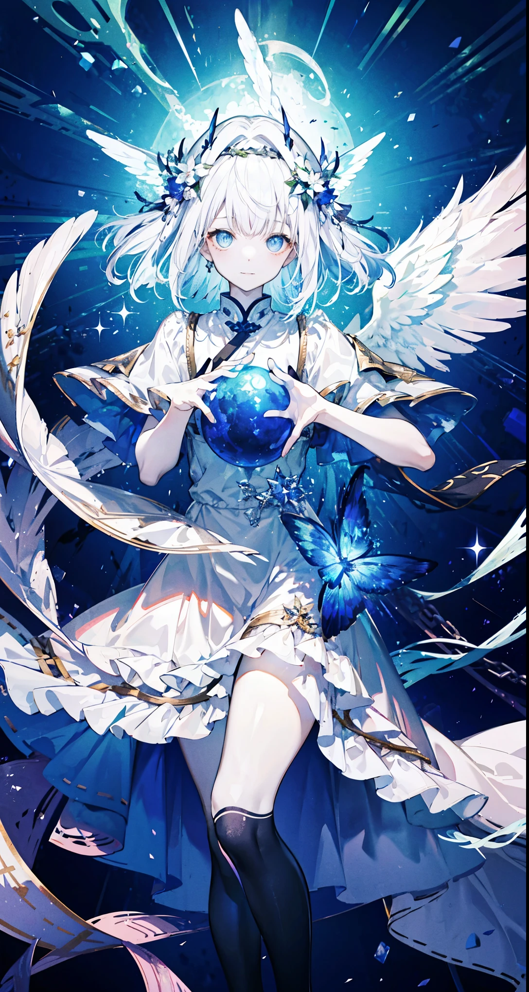 The angel is depicted with a pale and glowing color.、It has heterochromatic eyes.、Its skin seems to radiate an otherworldly glow。he、Symbol of divine nature、Decorated with a pair of shining beautiful wings。This scene is really fantastic and fascinating.、它捕捉了這些天體的美麗和mystery。godlike angel、pale、glow、color、shine、out of this world、brilliance、shine、beautiful、wingspan、sanctity、beautiful、charming、a beauty、mystery。