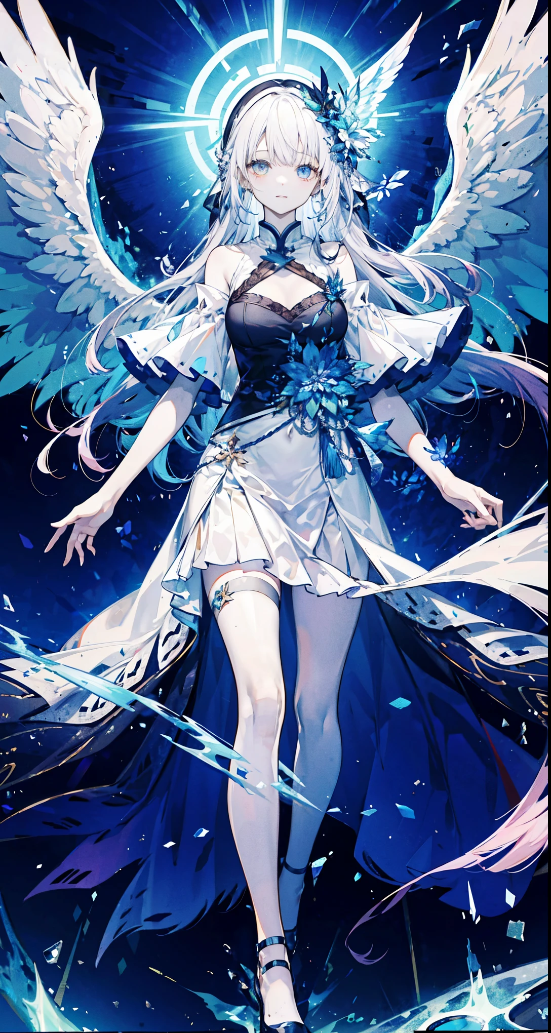 The angel is depicted with a pale and glowing color.、It has heterochromatic eyes.、Its skin seems to radiate an otherworldly glow。he、Symbol of divine nature、Decorated with a pair of shining beautiful wings。This scene is really fantastic and fascinating.、它捕捉了這些天體的美麗和mystery。godlike angel、pale、glow、color、shine、out of this world、brilliance、shine、beautiful、wingspan、sanctity、beautiful、charming、a beauty、mystery。