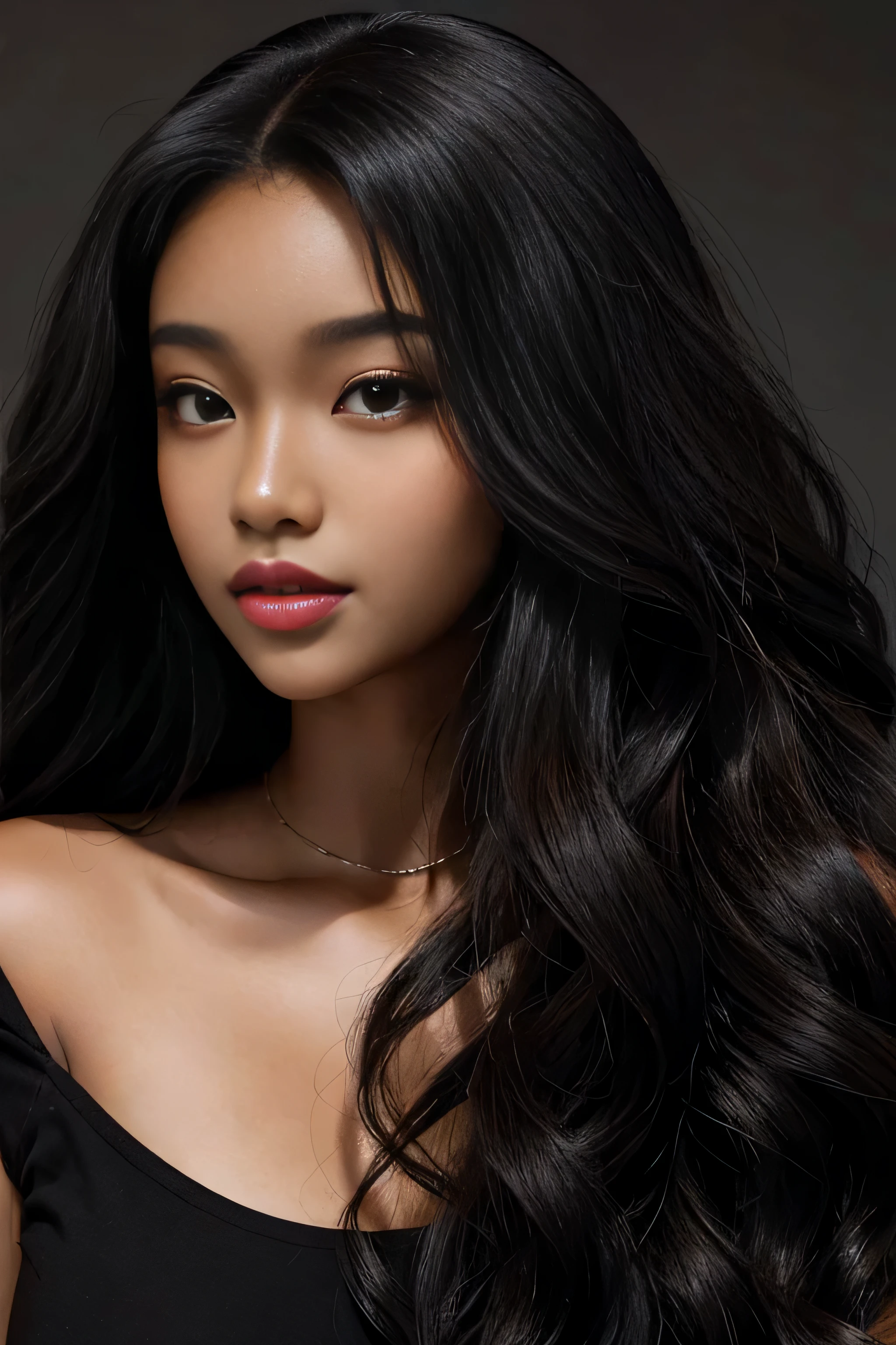 masterpiece, best quality, beautiful black and Asian mixed 19 year old, ebony skin female, long, frizzy, curly dark hair, perfect face, half body, long hair
